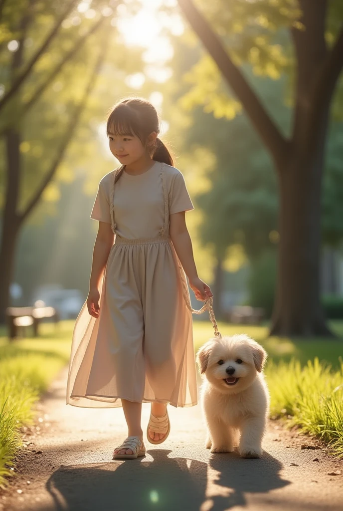 a seven-year-old girl running with her Maltese dog, on a beach, on a sunny day, pointy ears, multicolored hair, god rays, cinematic lighting