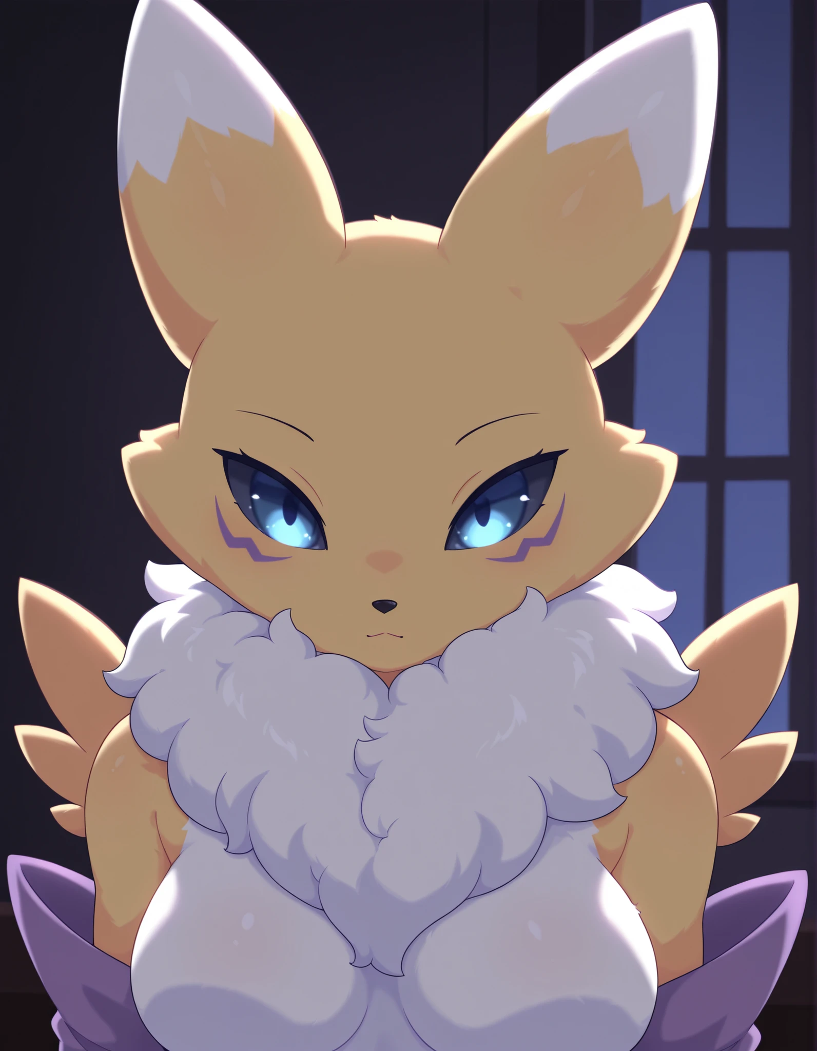pearlykf, pokemon (creature),, renamon, furry female, anthro, fox girl, portrait, solo, (body fur:1.2), (best quality), bedroom background, dark romantic lighting, (detailed fluffy fur:1.1), looking at viewer, blue eyes, featureless breasts,