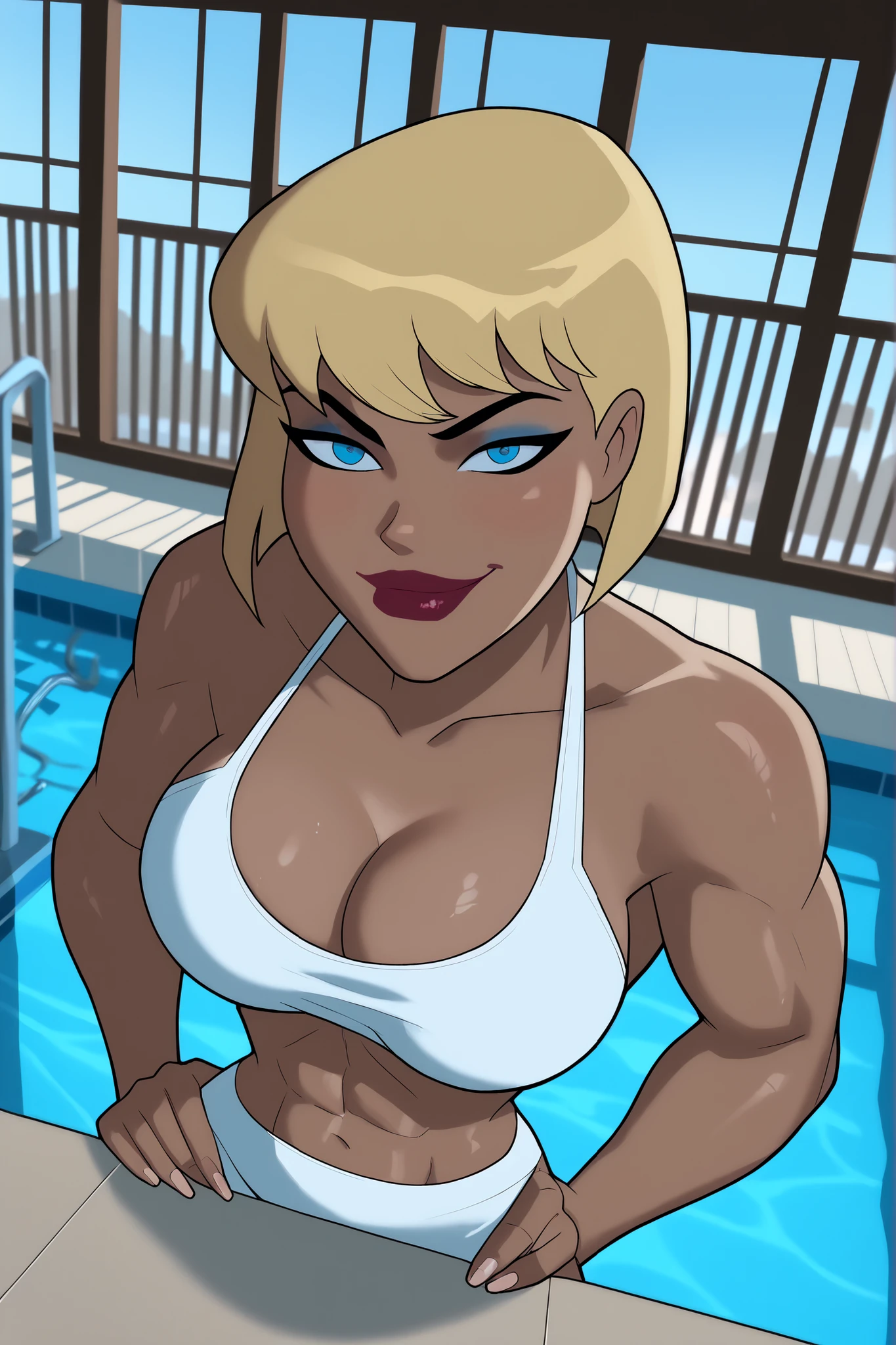 BREAK, score_6_up, score_7_up, score_8_up, score_9, g4l4t3a, 1girl, solo, short hair, bangs, blue eyes, blonde hair, lipstick, makeup, dark skin, dark-skinned female, very large breasts, busty, cleavage, curvy, athletic, muscular female, looking at viewer, seducing viewer, teasing viewer, seductive expression, smiling, closed mouth, bedroom eyes, white bikini top, white bikini bottom, indoors, pool, standing, closeup, portrait, upper body, high-angle view, blue eyeshadow, hands on waist 