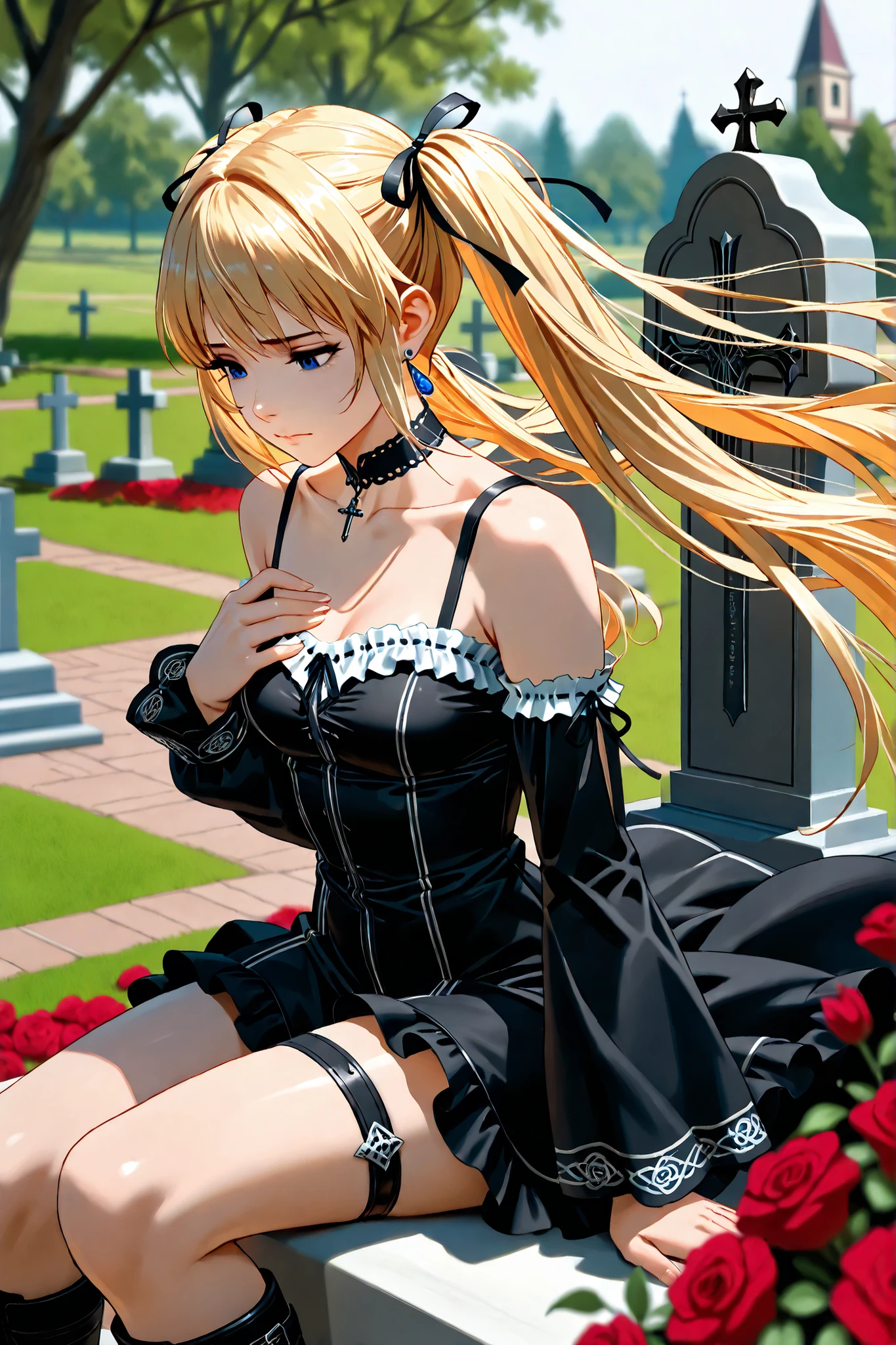 (language: Japanese、English)、(masterpiece)、(Highest Quality)、(High Score )、(high resolution)、

(Modern Europe、(morning)、(rain)、(Outdoors)、1girl,solo,Uncensored,),

(,,(church, cemetery, grave, girl visiting the grave), mist, bouquet of roses on the ground,Mary Rose flowers are blooming.,,(The gravestone is in the foreground, positioned directly in front of the girl.)、,,（anatomically accurate）、),

((,BREAK,(game cg), (Hair flowing in the wind), (hairdetailer:1.5),(beautiful detailed face:1.4),(puffy eyes:1.4),[(background blur, soft blurred background, character in sharp focus),:1.4)][(Faintly emerge from the darkness:1.4)],))

(mature woman,bangs,  twintails, very long hair, blue eyes, blonde hair, collarbone,  hair ribbon,,BREAK,white frills,frilled dress,bare shoulders,black choker, black dress(frills), black ribbon, boots,detached sleeves,earrings,white frills, long sleeves, ribbon, thigh strap,(small breasts),(Slender),(short height),),((sad),(closed mouth),)(sitting ),,BREAK,(squatting:2)(hand on chest:1.5),,BREAK,(She is sitting facing the gravestone.),(She is facing the gravestone),,BREAK,(holding bouquet(Rose bouquet),[looking down:],[cowboy shot:1.5],[from above and to the side:1.5],
