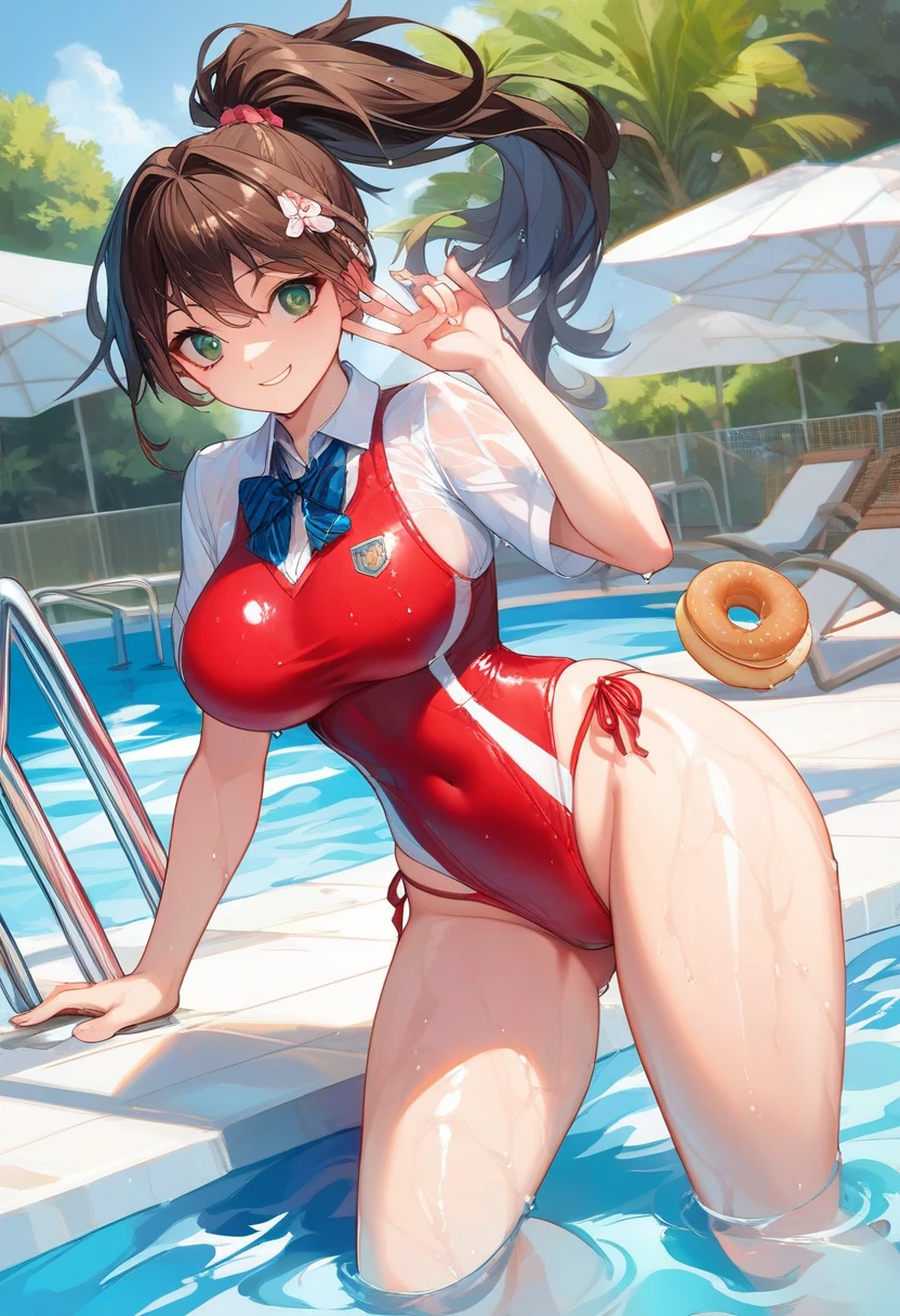 masterpiece, Highest quality, High resolution, Ichigoya, alone, Red neckerchief, , Super large ,pubic hair、Nipples、Areola、Thighs、Navy knee-high socks、High resolution,School、Outdoor swimming pool、summer、Dazzling sunlight、swim、Splash、refreshing、youth