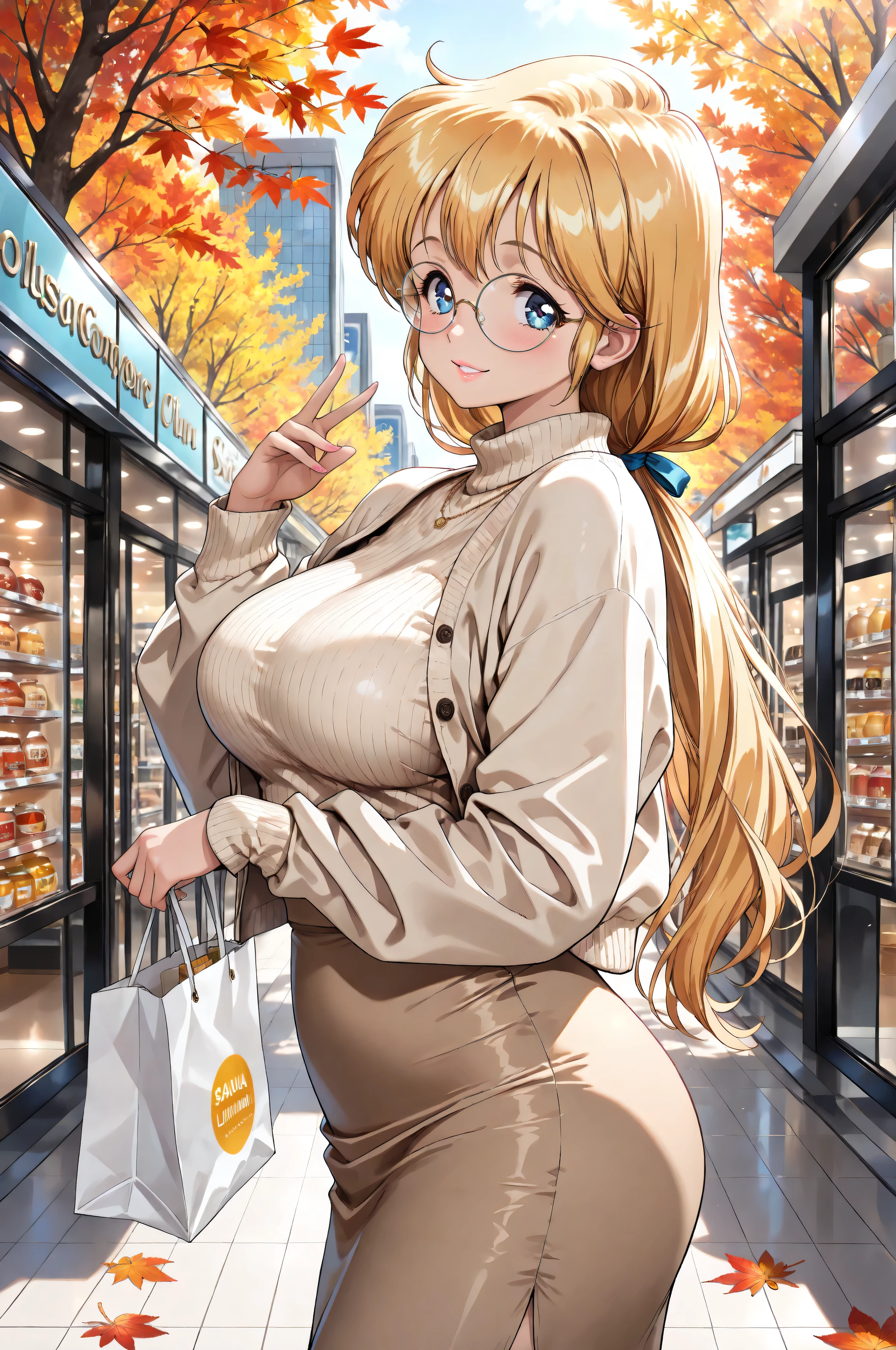 (masterpiece, best quality:1.4), beautiful shadows, Sensei Luna, runa,
yellow long hair in a low ponytail, blue eyes, Detailed Eyes,
round metal frame glasses, sagging, long and large breasts, smiling:1.0, light lipstick,
looking slightly to the side,
wearing autumn outfit: long-sleeve sweater or knit in warm autumn colors (brown, mustard, beige), long tight skirt, optional light jacket or cardigan,
holding a paper shopping bag, hands detailed, fingers well-proportioned, nails detailed, holding bag naturally, no extra or missing fingers, realistic hand pose,
shopping scene in an autumn city street or shopping mall, fall leaves, colorful trees, soft warm sunlight,
dynamic pose, natural expression, full-body 3/4 view, mid-distance, detailed clothing folds, skirt movement, hair movement, and realistic bag handling