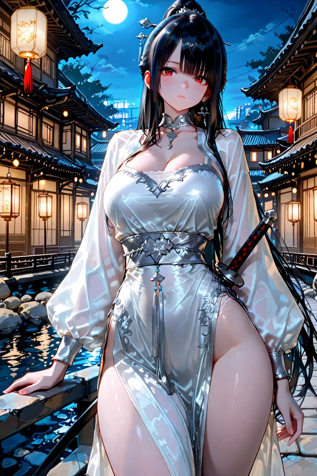 (ulzzang-6500-v1.1:0.33),(beautiful_mistake-6500:0.66), (pureerosface_v1:0.33),
(raw photo:1.2), (photorealistic:1.4),best quality, masterpiece, illustration, an extremely delicate and beautiful, extremely detailed ,CG ,unity ,8k wallpaper, Amazing, finely detail, masterpiece,best quality,official art, extremely detailed CG unity 8k wallpaper, absurdres, incredibly absurdres, huge filesize, ultra-detailed, highres, extremely detailed, beautiful detailed girl, extremely detailed eyes and face, beautiful detailed eyes, light on face, cinematic lighting,
(Hanfu:1.8),(ru_qun:1.5),(chinese clothes:1.5),
nsfw,sexy,, looking at viewer, full body, full-body shot,
Black hair,bangs, floating hair,adjusting hair,twintails, 
 shoulders,(high-waist sideboob:1.5), 
wide , hip lines,beautiful ass,show ,
Inner thigh,long legs,bare legs, 
(see-through shirt:1.3),(see-through:1.3),
Real breasts,Plump breasts,Beautiful breasts,fantasy ,
 outdoors,lake,river,chinese style architecture,in summer