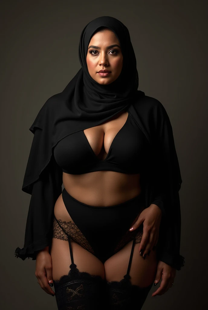 RAW photo,dark,moody,35mm focal lenght,underexposed,cold,candid photograph,artistic,full body,photo of a beautiful,influencer,30yo Arab woman,black hijab,detailed skin,naked, looking at viewer, thick body structure,grey background,no background, candid pose,dim room,blue light, film grain, kodak color, instagram LUT