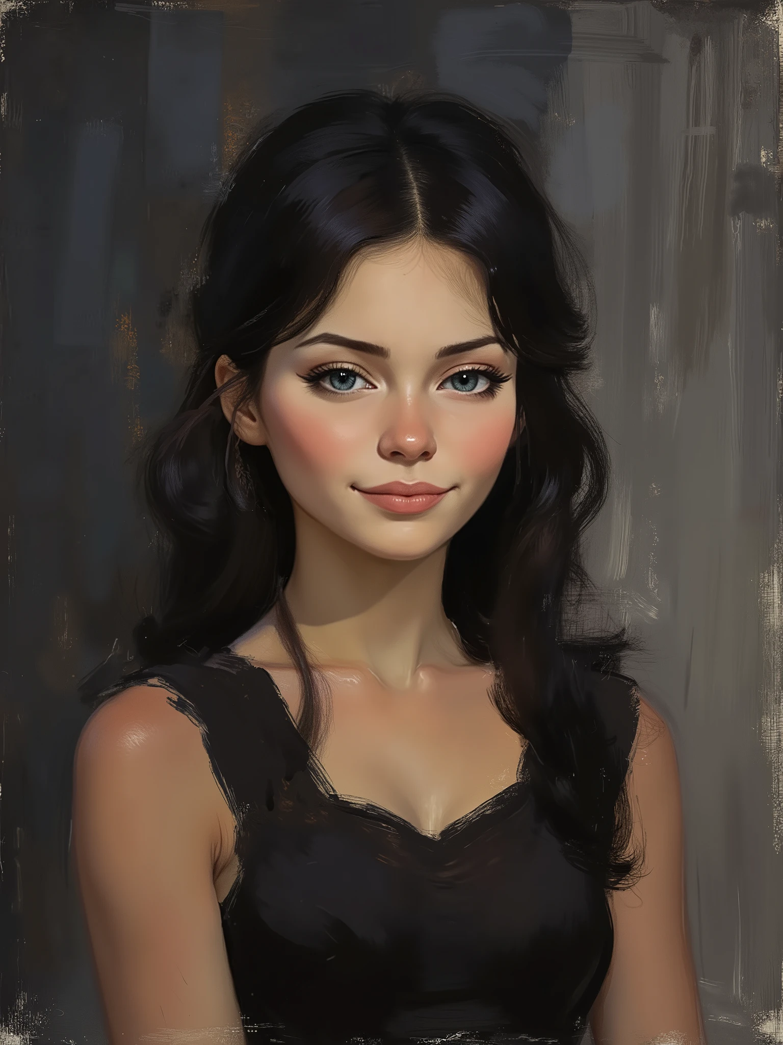 sketch painting, marinette Dopanchan, cl4ss1cc4rt00n , A very beautiful and cute 22 year old woman with a slight smile. (((Shy smile))), sharp focus on the face, (((Western eyes:1.5))), (((Extremely detailed ice-blue eyes, beautiful eyes, beautifully detailed eyes))), (((delicately detailed thin pink lips))), (((long hair, shiny hair))), (((black medieval steampunk style sleeveless t-shirt))), (((Dark Blue medieval steampunk style leather warrior pants))), (((full body view, dynamic pose, standing:1.5, graceful pose))), (((The background is Dark Gray and painted with expressive, visible textures using dynamic brushstrokes and strokes that add depth and movement. The paint covers only the area just behind the subject. The outer edges of the image with black margins, as if the background had been painted with a brush and with expressive and visible textures using dynamic brushstrokes and strokes fading toward the edges creating a modern and artistic vignette effect))). Cinematic lighting, soft depth of field, (((masterpiece/high resolution/Best Quality/top quality/high quality/UHD/16k quality))), sharp focus, no blur, film grain, bokeh.