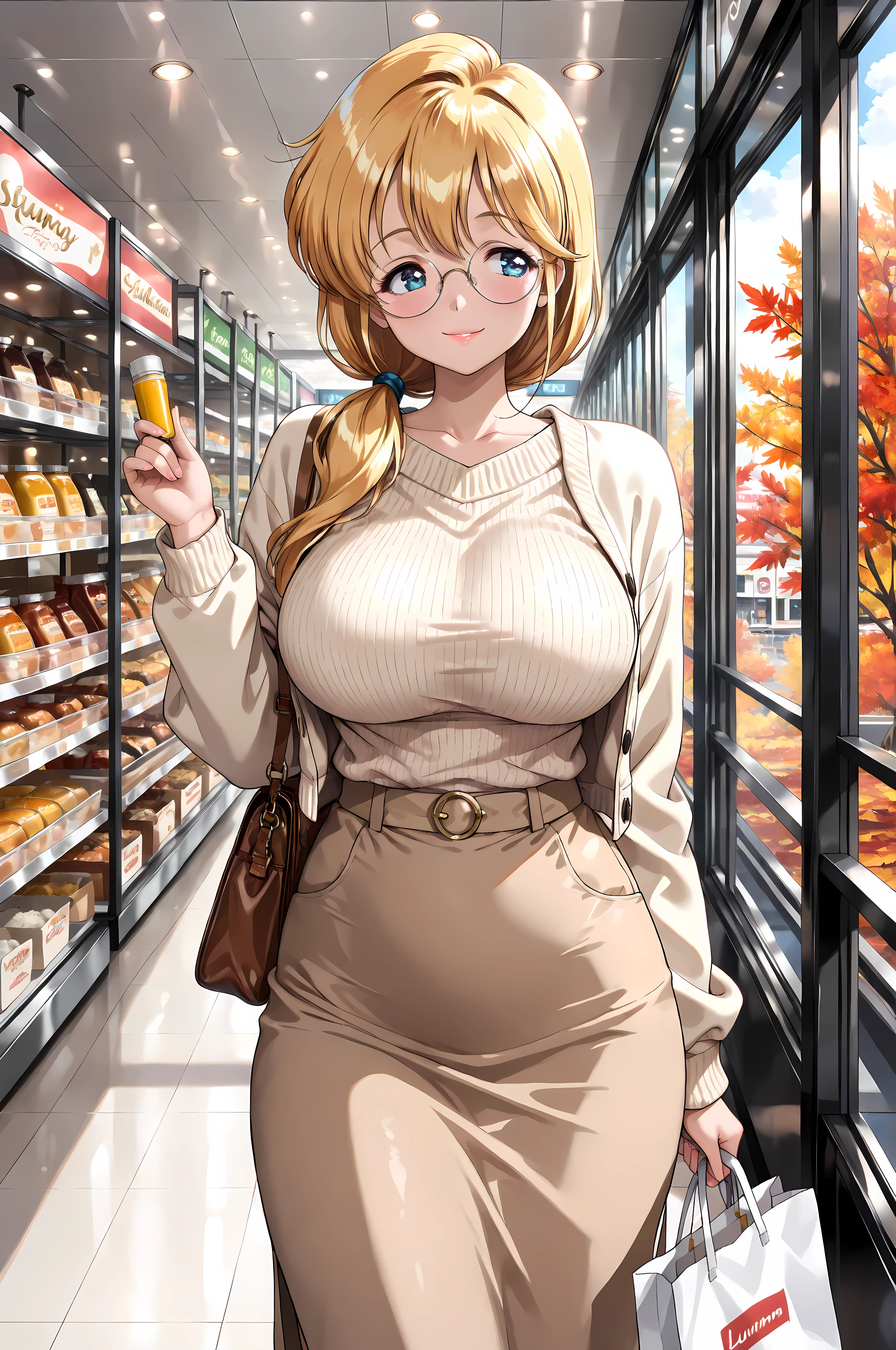 (masterpiece, best quality:1.4), beautiful shadows, Sensei Luna, runa,
yellow long hair in a low ponytail, blue eyes, Detailed Eyes,
round metal frame glasses, sagging, long and large breasts, smiling:1.0, light lipstick,
looking slightly to the side,
wearing autumn outfit: long-sleeve sweater or knit in warm autumn colors (brown, mustard, beige), long tight skirt, optional light jacket or cardigan,
holding a paper shopping bag, hands detailed, fingers well-proportioned, nails detailed, holding bag naturally, no extra or missing fingers, realistic hand pose,
shopping scene in an autumn city street or shopping mall, fall leaves, colorful trees, soft warm sunlight,
dynamic pose, natural expression, full-body 3/4 view, mid-distance, detailed clothing folds, skirt movement, hair movement, and realistic bag handling