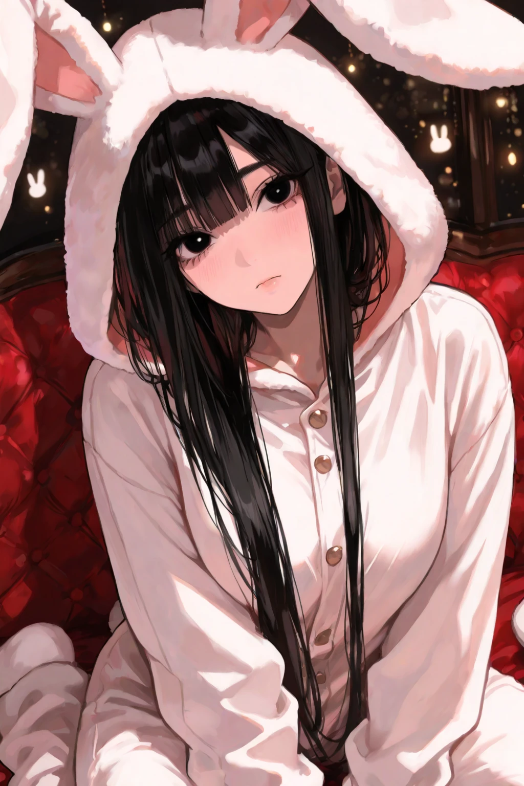 (Kigurumi pajamas style) (18 yo, solo straight:1.2 black hair long hair sexy girl, cute red eyes, love smile, big tits), (in a Kumamon:1.5 hooded, kumamon kigurumi pajamas), break, in the lovely bedroom of night, BREAK, masterpiece, best quality, 16k, beautiful detailed night, daydreaming expression.