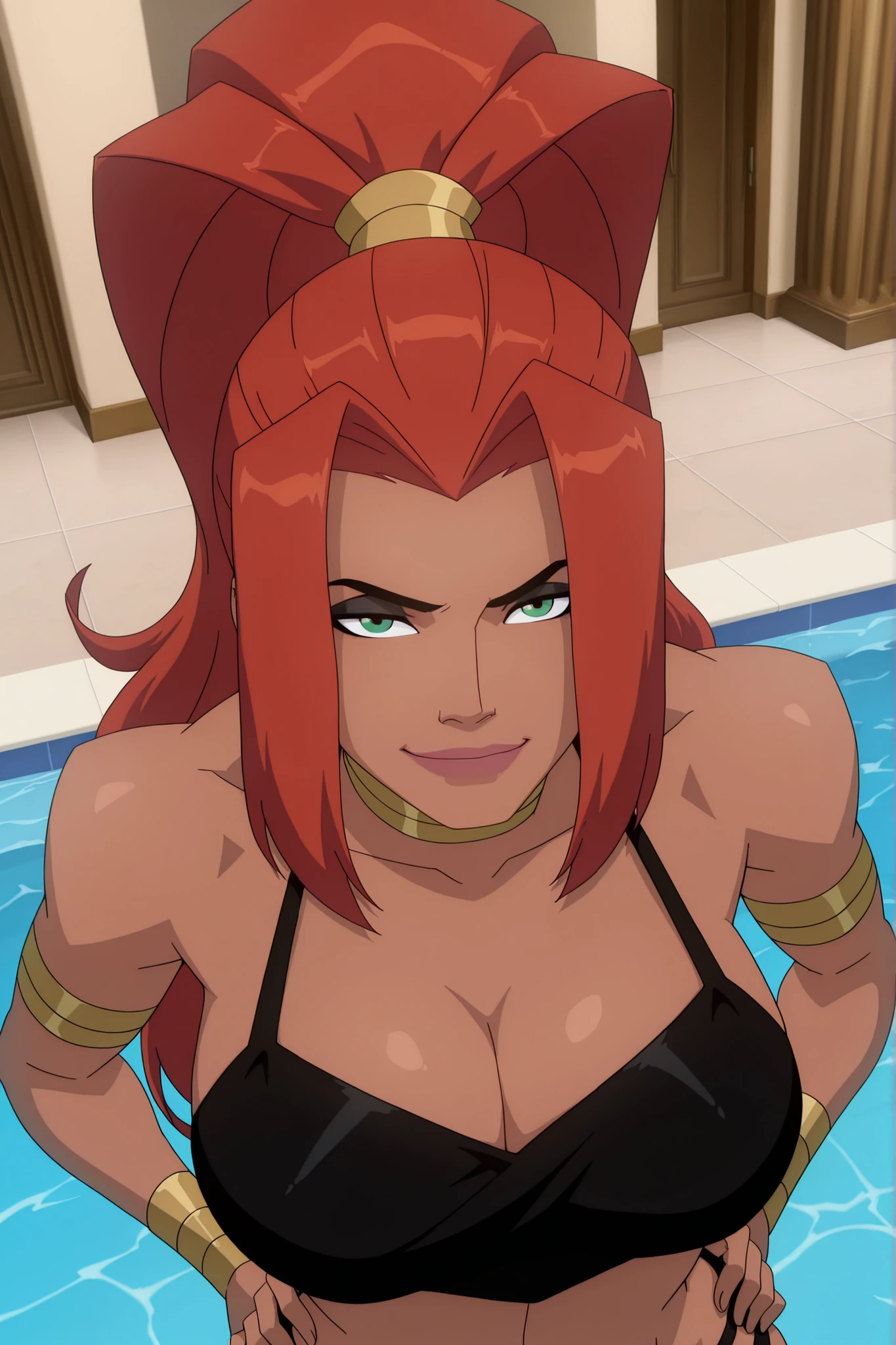 BREAK, score_6_up, score_7_up, score_8_up, score_9, 1girl, solo, long hair, green eyes, red hair, dark skin, dark-skinned female, high ponytail, art3m1s, very large breasts, busty, cleavage, curvy, athletic, looking at viewer, seducing viewer, teasing viewer, seductive expression, smiling, closed mouth, bedroom eyes, black bikini top, black bikini bottom, indoors, pool, standing, closeup, portrait, upper body, high-angle view, black eyeshadow, hands on waist 
