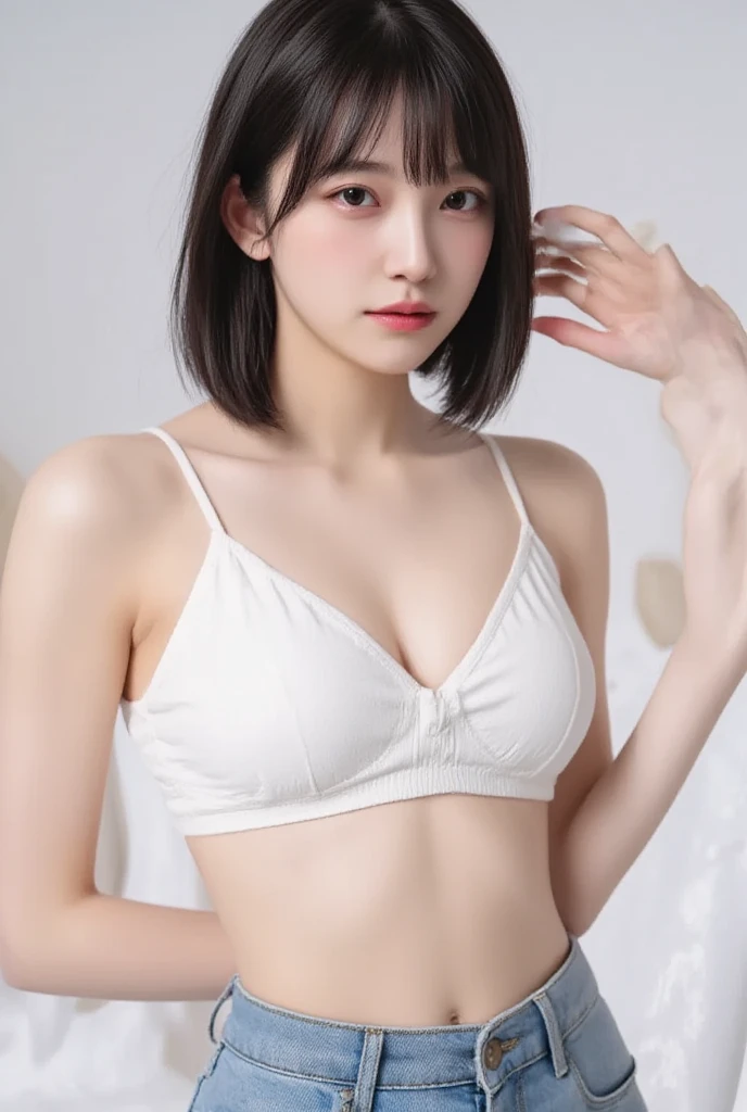 A beautiful woman, wearing purple hotpants and bra, pale skin, smooth pale skin, skin tune red, perfect body, detailed body, cute face, orange hair, ponytail hair, top quality