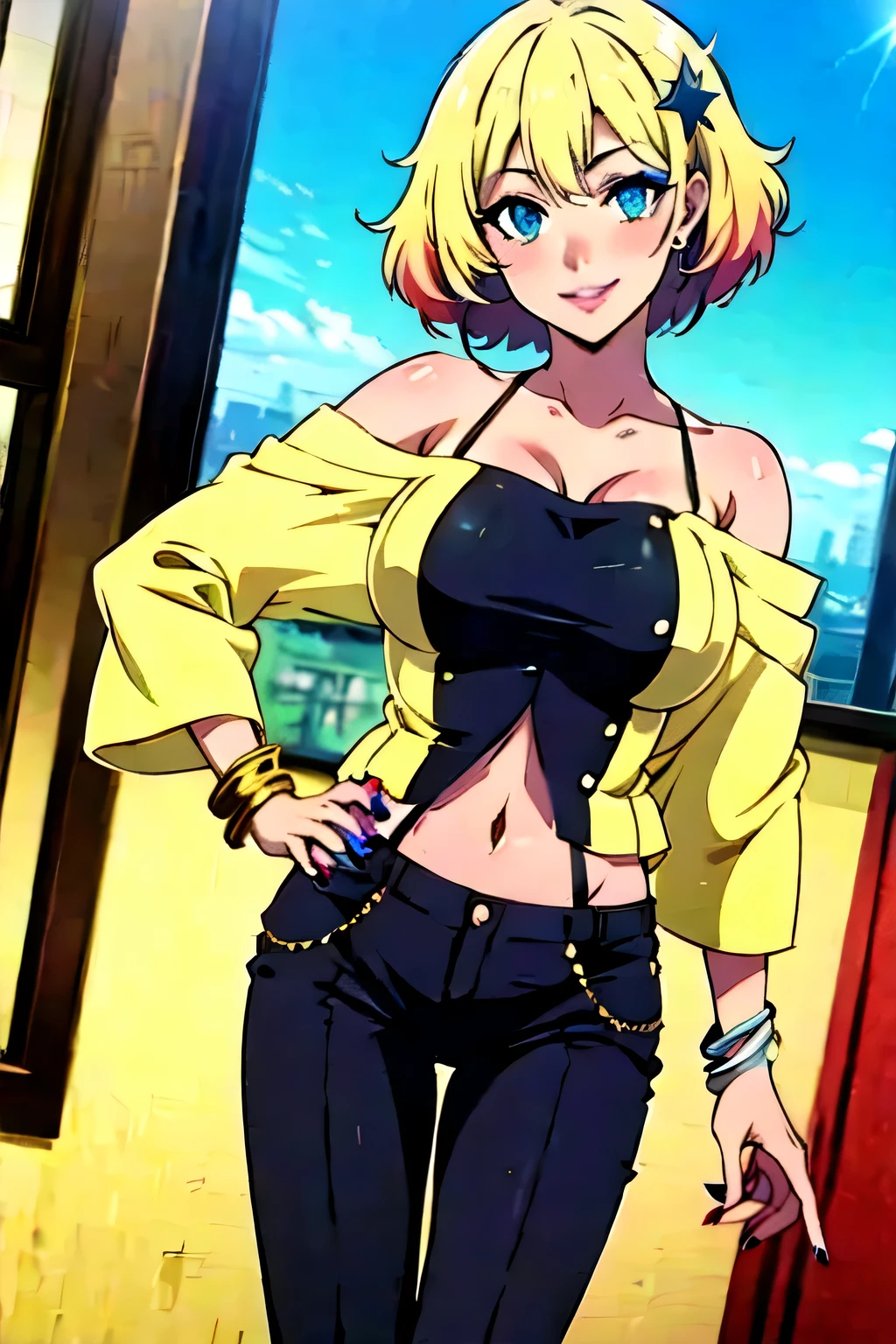 (masterpiece, best quality, high resolution, 8k:1.2), (anime coloring, official art:1.3), highly detailed CG Unity 8K wallpaper, perfect Lighting, colorful, bright_front_face_lit, shiny skin, high resolution, 4k, Super detailed, photo shoot, 8K, HDR, High resolution, (disorganized:1.2), kodak portrait 400, film grain, blurred background, (Bokeh:1.2), Lens flare, (lively_color:1.2), (perfect face, perfect eye), perfect body, beautiful body, beautiful skin, beautiful breasts, beautiful legs, beautiful hands, beautiful face, beautiful eyes, symmetrical eyes, (1 girl), (realistic face:1.2), (smile), (natural lips:1.2), (slim, lanky), (tanned skin:1.1), (gal makeup, pink gradient eyeshadow), (blonde hair, short hair, wavy hair, hair ornament), (fingernails, nail polish), (collarbone, off shoulder, navel, fitted trousers, bracelet, jewelry, boots, gal fashion), (japanese city, shibuya city, day, blue sky), smile, looking at viewer, dutch angle, soft gradient eyeshadow, subtle fine shimmer, seamless blend, two-tone layered eyeshadow technique, (cowboy shot:1.2) , smile, (looking at viewer), dutch angle, subtle fine shimmer, seamless blend, two-tone layered eyeshadow technique,