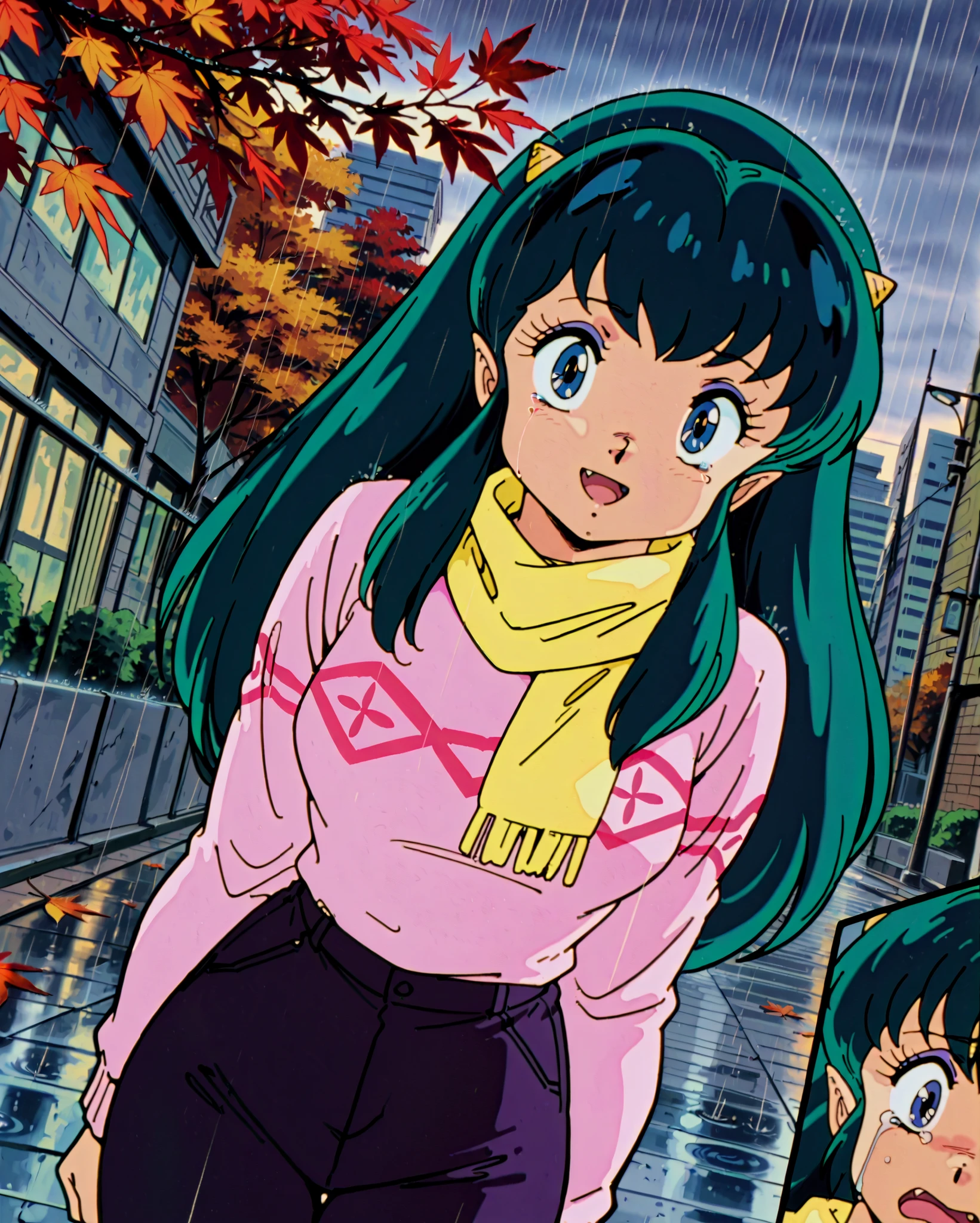 score_9, score_8_up, score_7_up, 1980's style, retro, source anime, flat color, (ultra-detailed), (masterpiece), (best quality), top quality, official art, 8k wallpaper, very detailed, (an extremely delicate and beautiful), (intense colors), (dramatic lighting), ((anime:1.4, illustration)), (absolutely resolution), ((16k, high res)), dark theme, low light, sharp, anime, anime style, score_anime, sharp lines, retro artstyle. lum, anime screencap, 1girl, solo, dynamic angle, Beautiful, cute girl, yellow (tiny horns), (tiny pointy ears:0.7), green hair, blue eyes, aqua hair, eyeshadow, gorgeous girl, kawai girl, cute face, realistic skin texture, perfect anatomy, dynamic angle, detailed background, sexual undertones, sexual composition, pretty eyes, sexy body, narrow waist, wide hips, round ass, narrowed eyes, close up shot, detailed background, big breast, (photorealistic pinup:1.3), outside, next to a building, Kyoko pink plus symbol sweater outfit, sweater, pants | scarf, looking at the viewer, directly facing the viewer, expressive eyes, happy girl, crying, mouth open, tears, sad, fang, girl takes up the entire frame of the shot, autumn, leaves blossom, rain,