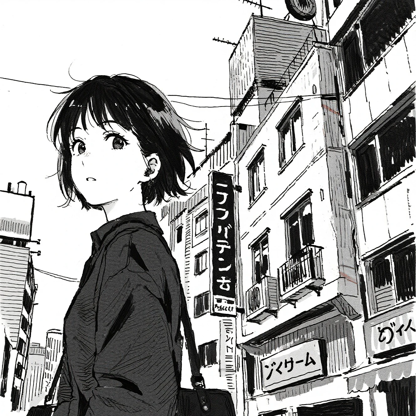 ​masterpiece, best quality, 1girl, jyt:4, grayscale, style: manga, japanese, chi no wadachi, black eyes, street, iced, black hair, schoolbag, smile, lineart, white background, white shirt, grey shorts,
