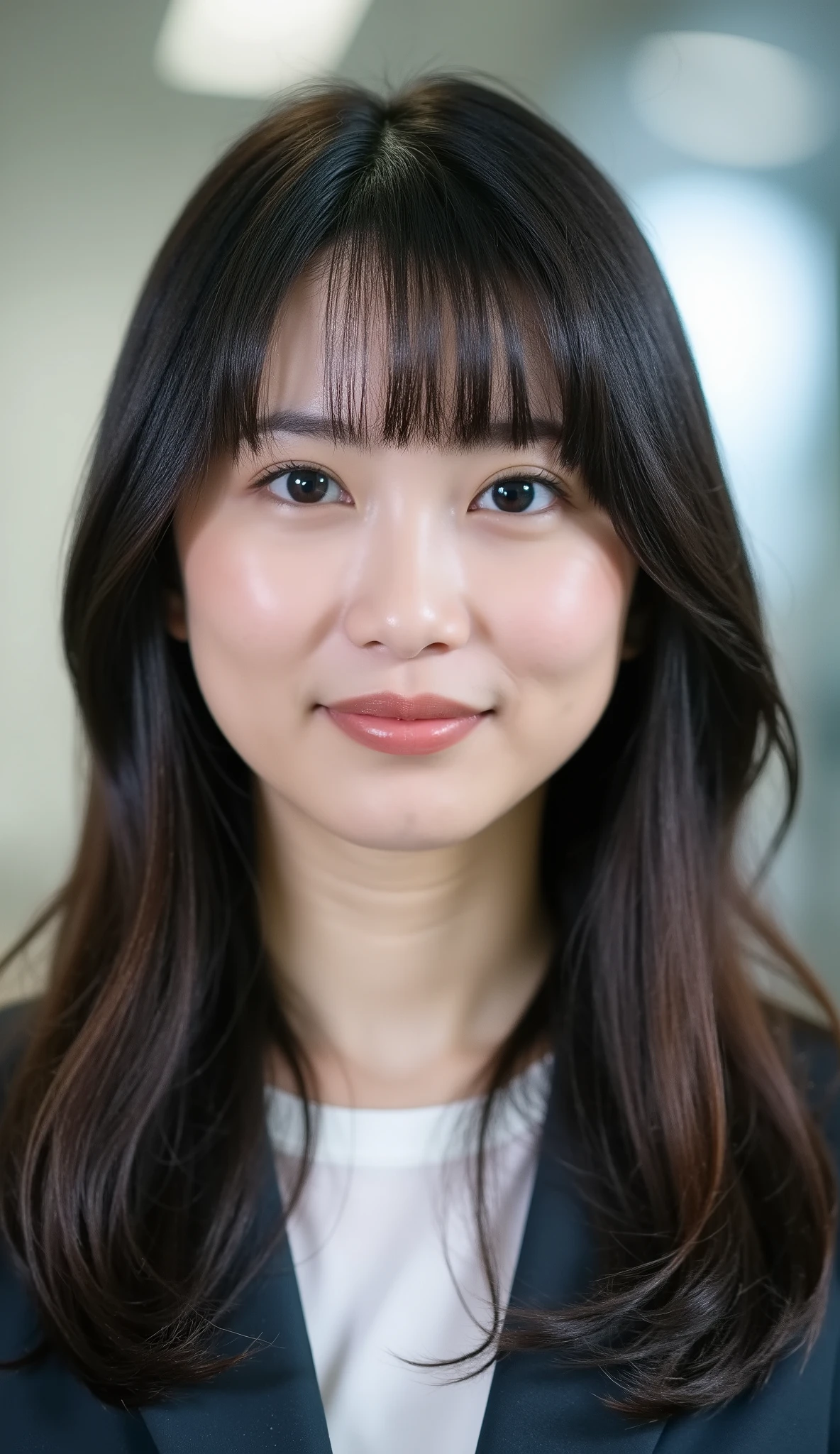 Neat Young Woman、looking at the camera、office lady suit、jacket、shirt、耳にピアス、、黒髪、、虚ろな表情、、、face close-up、The background is office
