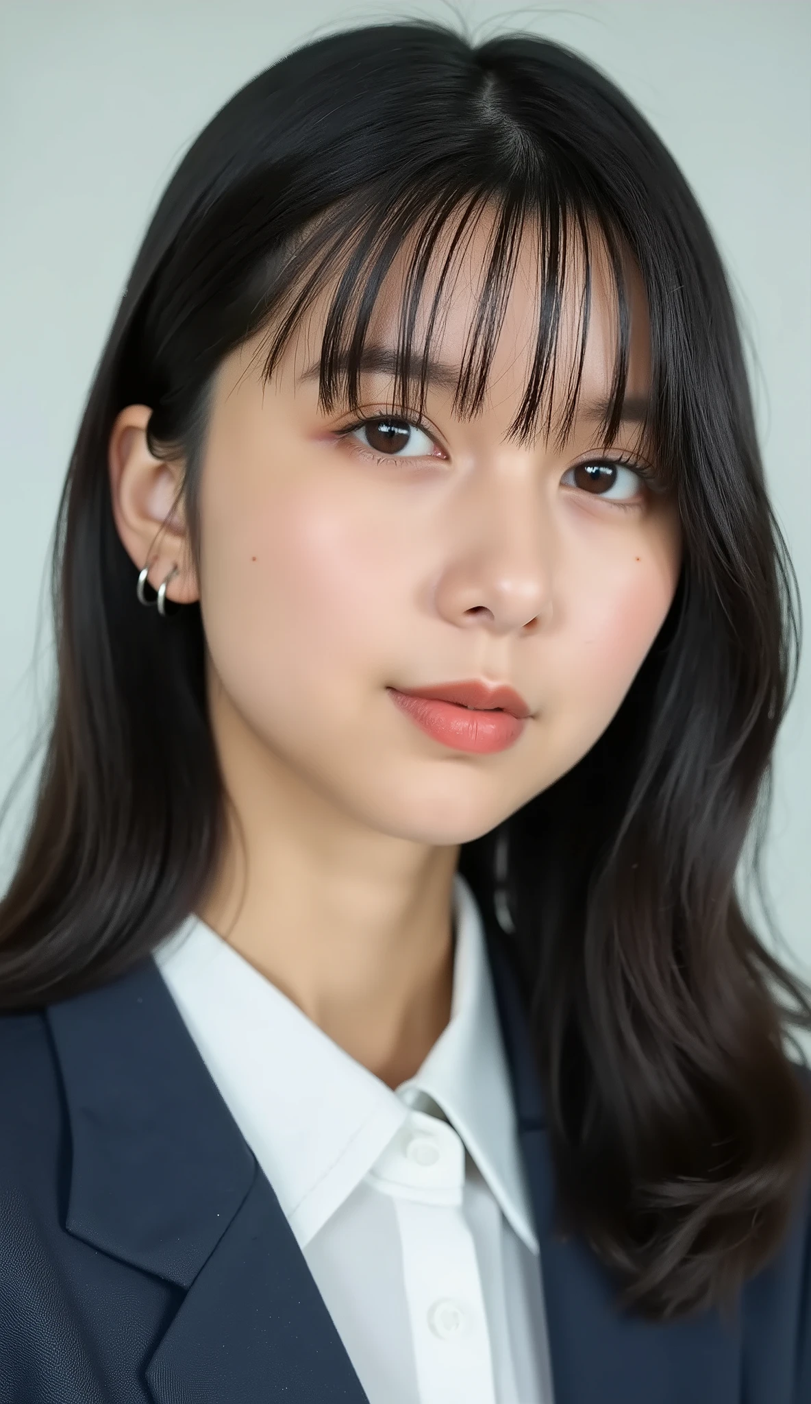 Neat Young Woman、looking at the camera、office lady suit、jacket、shirt、耳にピアス、、無表情、、face close-up、The background is office