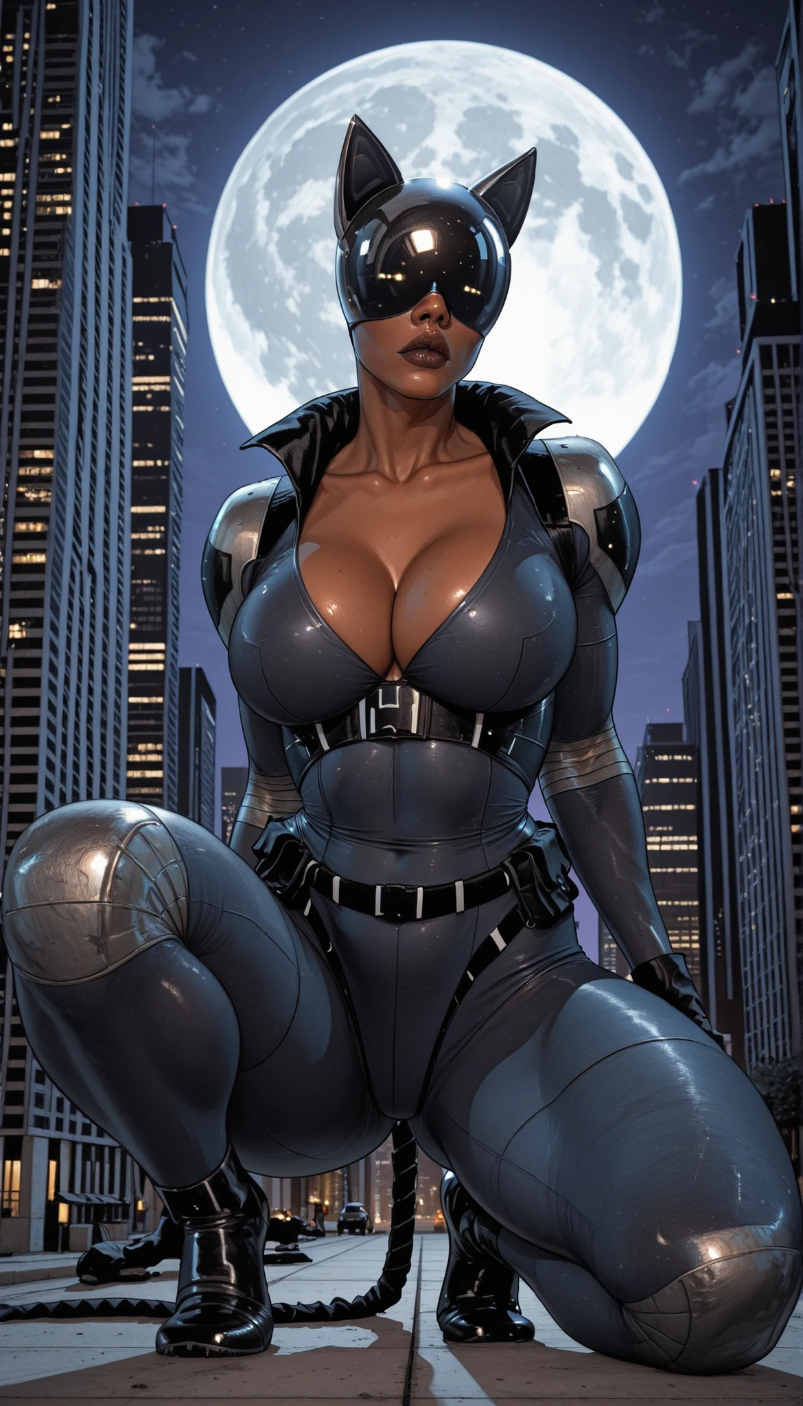 AbsoluteCatwoman, dark-skinned female, mirrored helmet, nose, lips and cheeks are visible, fake cat ears, fake tail, bodysuit, gloves, belt, cleavage, big breasts, thick muscular thighs, wide curvy hips, one knee down, covered mouth, on top of building, huge moon in background, night time, from below, dynamic angle, squatting