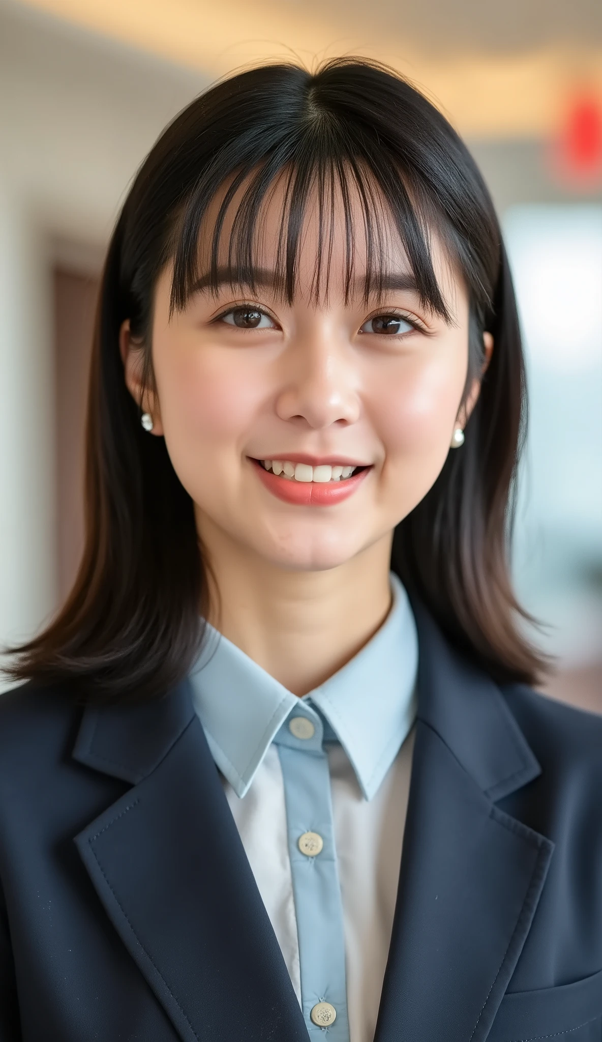 Neat Young Woman、looking at the camera、office lady suit、jacket、shirt、耳にピアス、、、、smile showing teeth、face close-up、The background is office