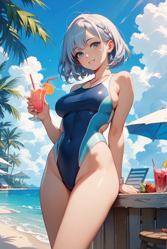 score_9, score_8_up, score_7_up, score_6_up, source_anime, BREAK masterpiece, PonyLeona, poolside, beach chair, sitting, holding drink, sunglasses, eyewear on head, black one-piece swimsuit, , cleavage, white sandals, sitting, 1 girl, best quality, blue eyes, ponytail, close-up, blue hair, 