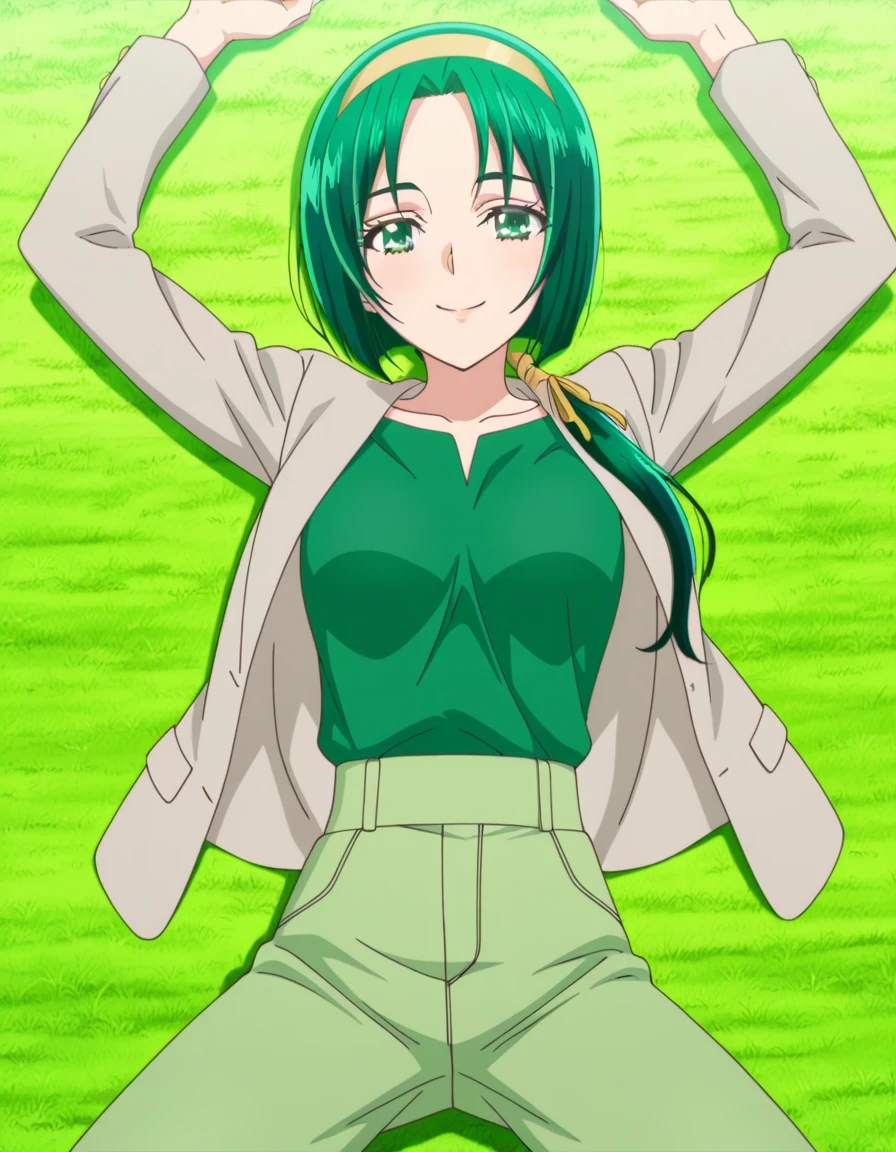 Komachi(adult), green_eyes, green hair, short_hair, low ponytail, hairband, yellow band, , green shirt, grey jacket, long pants,  anime screencap, high quality, solo, lying, on back, from above, on field, arms up, , cowboy shot, closed mouth, looking at viewer, smile, best quality