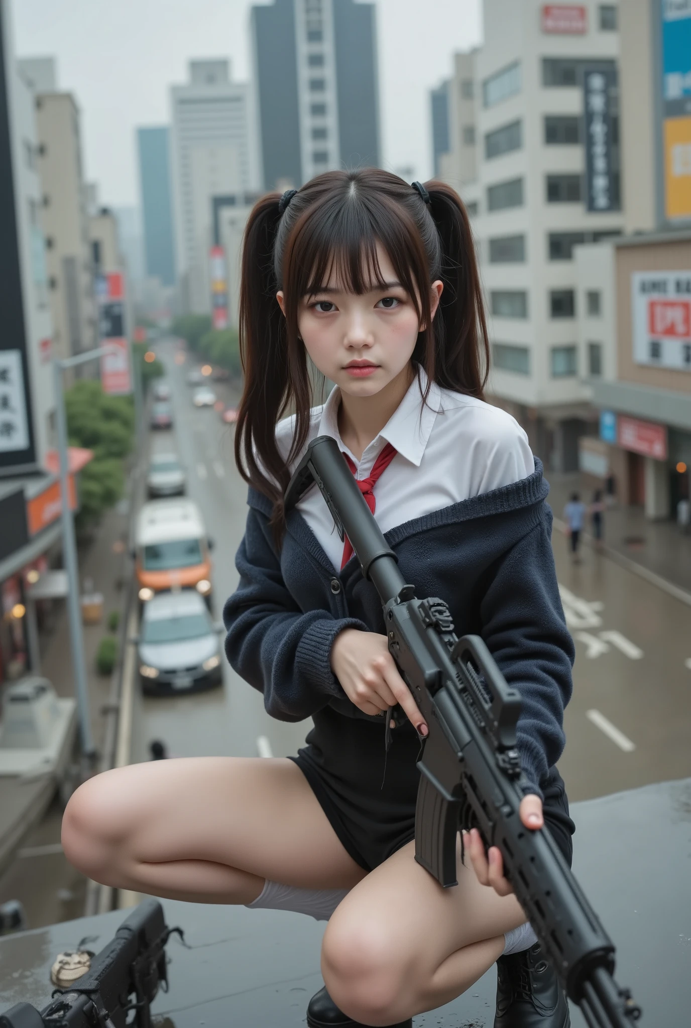 Bird's-eye view、cute On, On,surreal,high resolution,Highest Quality,8k,fine details,(14 years old),(female uniform with a white blouse and red ribbon） very beautiful and perfect nipples 、Beautifully Cut Thick Bangs、ponytail style half-up hair facing the front firing the M4、creampied in various positions,depth of cover,Full_body_shot,from_Superior,twins、Heavy Rain at Shibuya Crossing in Tokyo、hair wet in the rain、soaked clothes、perfect hands and fingers、drop your hips and bend your knees、drop your back and squat pose、skirt、 show me white panties 、 Chinese women ,  long hair,  collar shirt ,  dark off-the-shoulder loose collar sweater.,  necktie,  黒いskirt, she holds an M4 in her right hand ,  And AK47 in her left hand、wears a white long-sleeved button-down shirt underneath , rooftop
