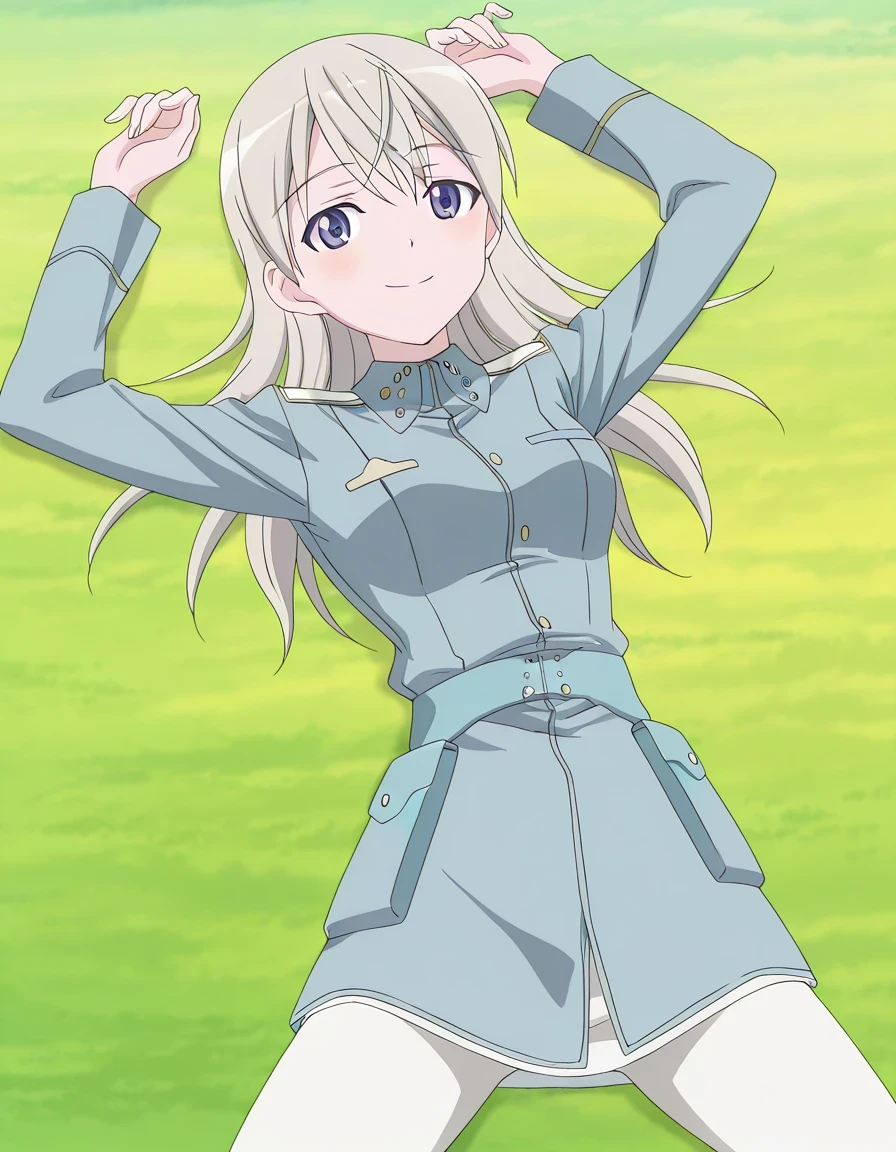 elila, default, 1girl, blue eyes, silver hair, long hair, uniform, military uniform, blue jacket, military jacket, white pantyhose, blue belt, anime screencap, high quality, solo, lying, on back, arms up, spread legs, closed mouth, on field, overhead view, cowboy shot, looking at viewer, smile, best quality