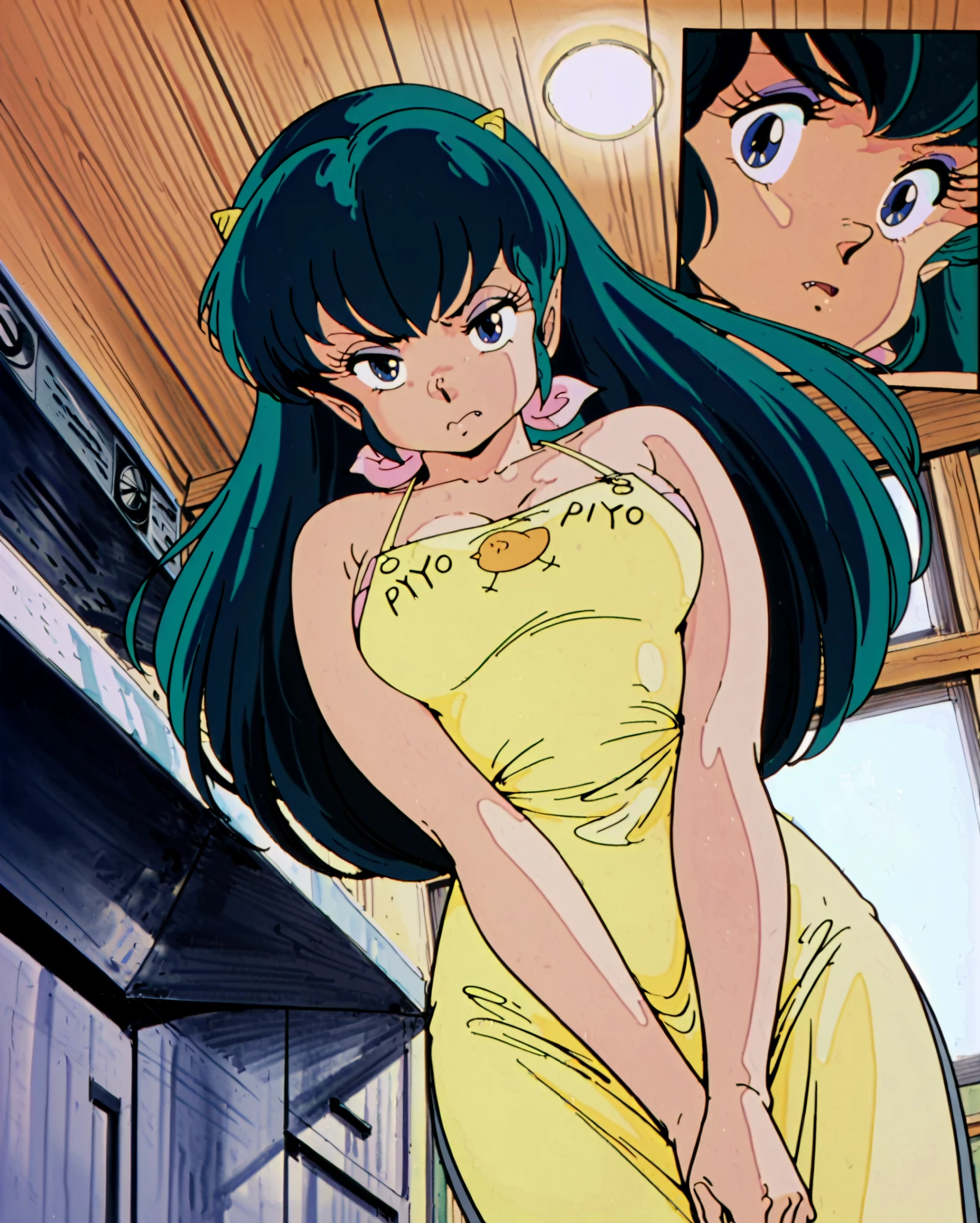 score_9, score_8_up, score_7_up, 1980's style, JK, retro, source anime, flat color, (ultra-detailed), (masterpiece), (best quality), top quality, official art, 8k wallpaper, very detailed, (an extremely delicate and beautiful), (intense colors), (dramatic lighting), ((anime:1.4, illustration)), (absolutely resolution), ((16k, high res)), dark theme, low light, sharp, anime, anime style, score_anime, sharp lines, retro artstyle. lum, anime screencap, 1girl, solo, dynamic angle, Beautiful, cute girl, yellow (tiny horns), (tiny pointy ears:0.7), green hair, blue eyes, aqua hair, eyeshadow, gorgeous girl, kawai girl, cute face, realistic skin texture, perfect anatomy, dynamic angle, detailed background, sexual undertones, sexual composition, pretty eyes, sexy body, narrow waist, wide hips, round ass, narrowed eyes, close up shot, detailed background, big breast, (photorealistic pinup:1.3), kyoko piyo piyo apron with pink s, kitchen, frown, fang, cross hand, from below, looking at down, look at viewer,