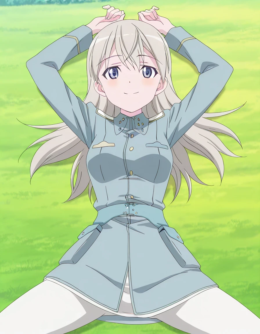 elila, default, 1girl, blue eyes, silver hair, long hair, uniform, military uniform, blue jacket, military jacket, white pantyhose, blue belt, anime screencap, high quality, solo, lying, on back, arms up, spread legs, closed mouth, on field, overhead view, cowboy shot, looking at viewer, smile, best quality