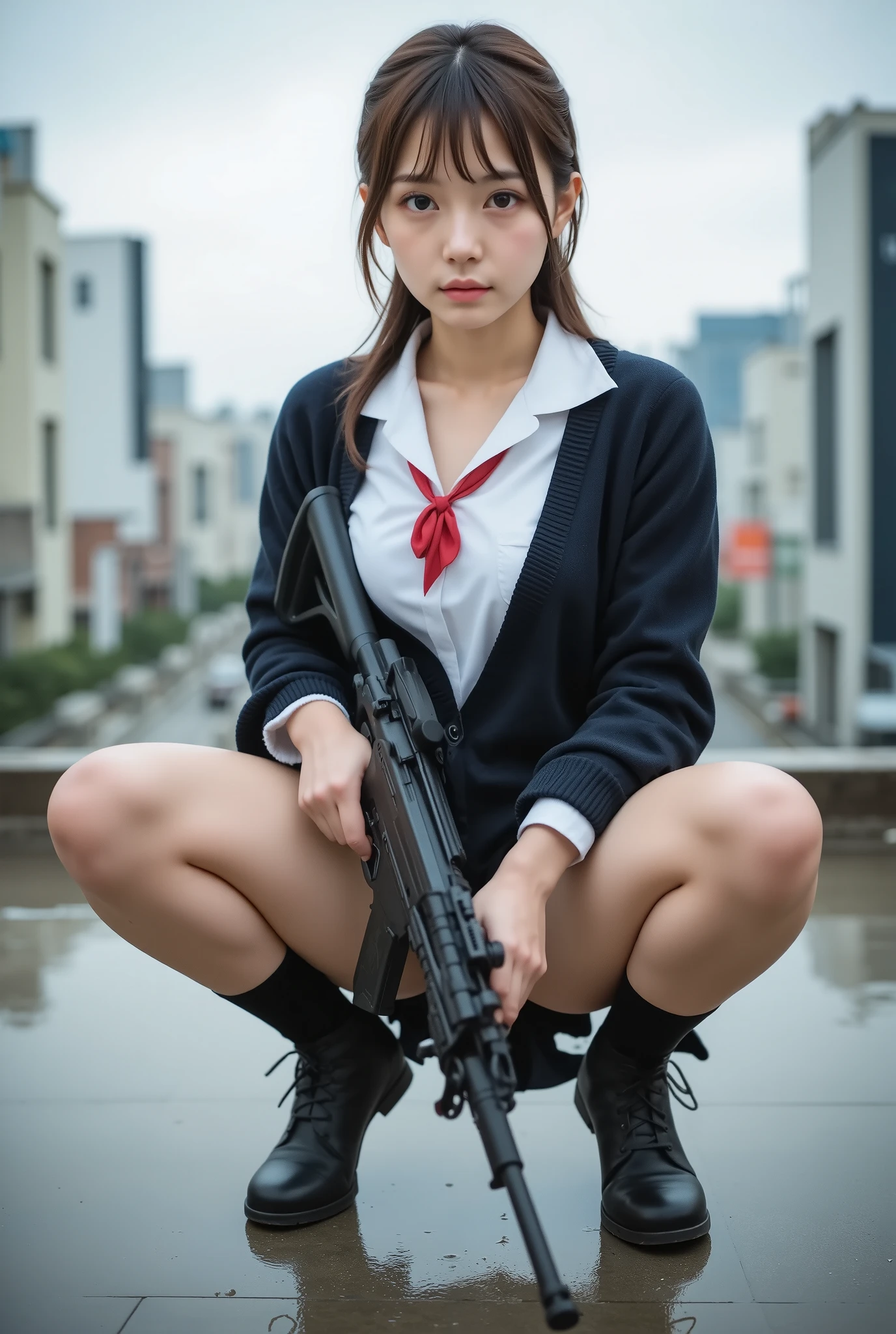 Bird's-eye view、cute On, On,surreal,high resolution,Highest Quality,8k,fine details,(14 years old),(female uniform with a white blouse and red ribbon） very beautiful and perfect nipples 、Beautifully Cut Thick Bangs、ponytail style half-up hair facing the front firing the M4、creampied in various positions,depth of cover,Full_body_shot,from_Superior,twins、Heavy Rain at Shibuya Crossing in Tokyo、hair wet in the rain、soaked clothes、perfect hands and fingers、drop your hips and bend your knees、drop your back and squat pose、skirt、 show me white panties 、 Chinese women ,  long hair,  collar shirt ,  dark off-the-shoulder loose collar sweater.,  necktie,  黒いskirt, she holds an M4 in her right hand ,  And AK47 in her left hand、wears a white long-sleeved button-down shirt underneath , rooftop