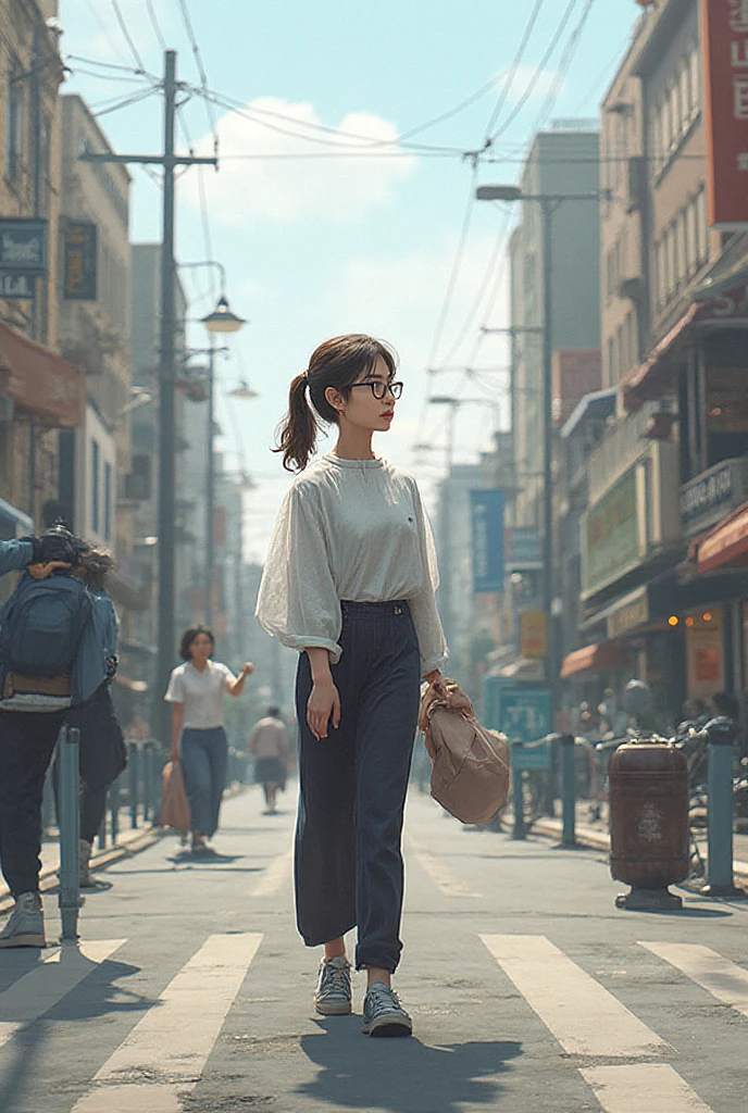Araffe asian woman walking down a street with a purse - SeaArt AI