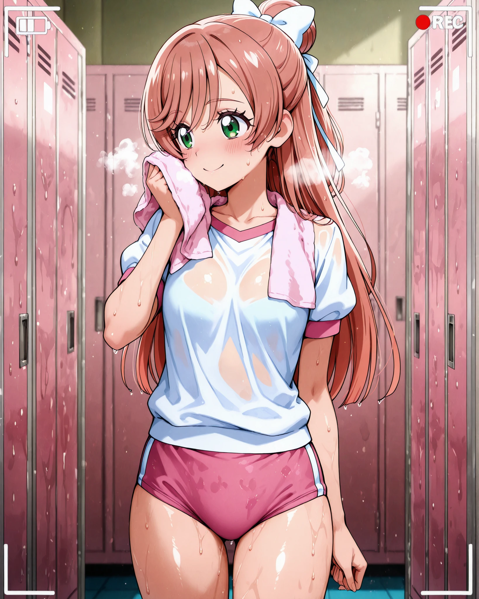 (ultra-detailed),(masterpiece),(best quality),high score,highres,incredibly absurdres,anime screencap,pastel colors,anime,shiny skin,No Background,Balanced upper and lower body structure,incredibly detailed beautiful collarbone line,incredibly , 


Nijigaoka Mashiro, magical girl,Hirogaru Sky Pretty Cure,precure,
solo, 1 girl, 

pink hair,bun hair, high ponytail, very long hair, hair ribbon, white ribbon, hair bow, bangs, Very long fringe,half updo,bangs flop to the side,hair between eyes,green eyes, i
ncredibly detailed beautiful pupillary,eyebrows visible through hair,


smile, blush, sweat, steam, 
pink towel, wiping away sweat, 

from side
view finder, recording, 
wet body, thighs, 

buruma, white shirt, pink buruma, 

locker room, pink lockers, 