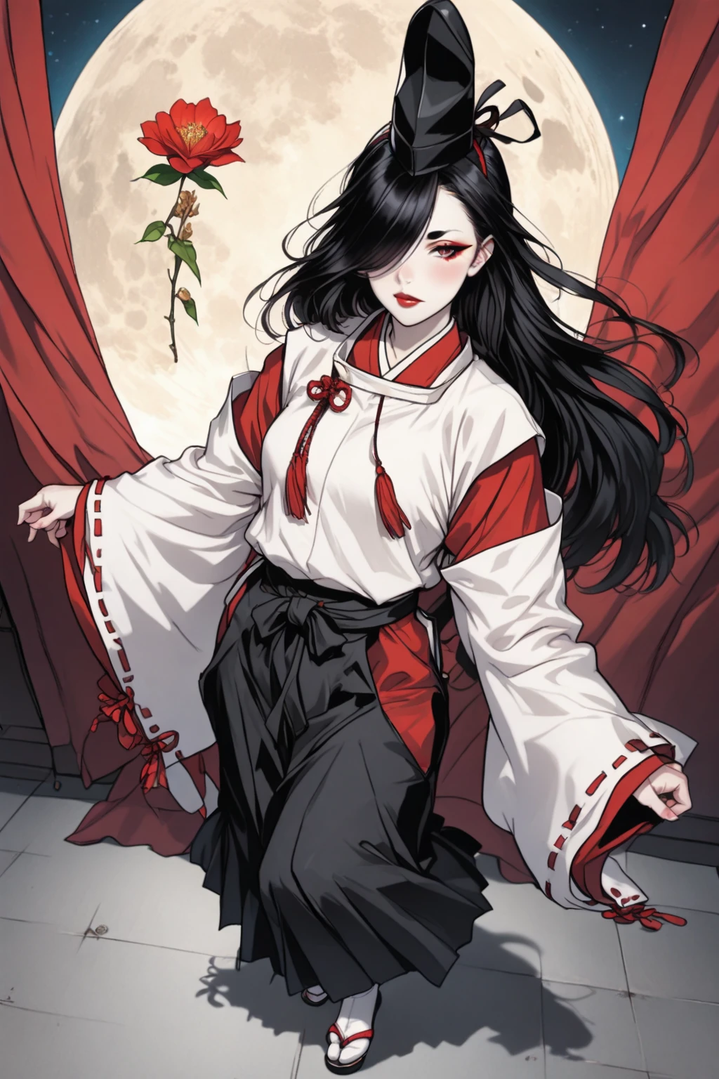 4K, woman, super muscular body, long hair, parchment in mouth, oriental costume, red eyes, horns on the head.