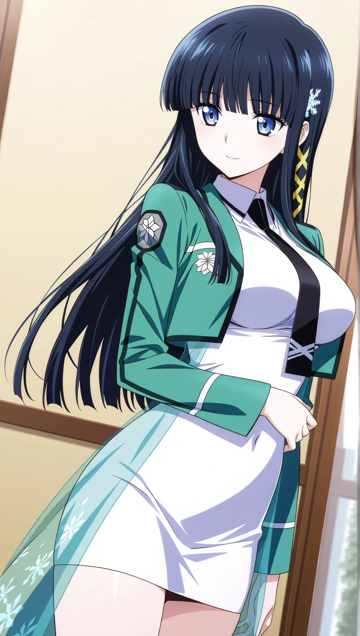 [[miyuki250219]],1lady, beauty, glossy lips,Rouge,detail eyes,dynamic angle,

shiba miyuki, black hair,long hair, blunt bangs, eyebrows visible through hair, blue eyes, snowflake hair ornament, yellow x hair ornament,mahouka school uniform, cropped jacket, green jacket, long sleeves, (white dress, mini dress), mermaid dress, black necktie,(large breasts:0.8),light smile,hand behaind head,

cowboy shot,

 (extremely detailed CG,masterpiece, highres icon,absurdres,4K),
