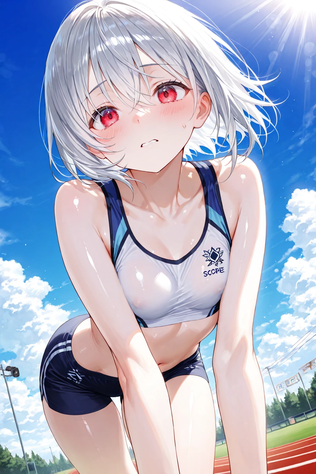 (muste piece), (best quality), (score_9, score_8_up, score_7_up), very detailed eyes, expressive eyes, perfect face, very detailed face, highly detailed face, beautiful girl, 8K, beautiful girl, white background, delicate and beautiful face and eyes, dark intense shadow, 
1 girl, vtuber style, cool girl, hololive, amane kanata, streaked hair, short hair, Sports bra, leggings, Sweat, small ?????, one eye close winking, smile, ??? visible through thighs, (full body), standing, 