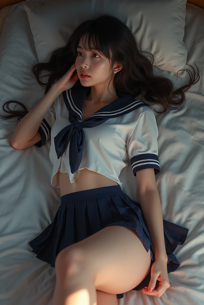 ((perfect , anatomically correct, super detailed skin))), 1 woman, ((sailor warrior uniform:1.6, sailor moon, sailor mars, sailor Venuses, sailor guardians)), from front, shiny skin, detailed hair, detailed face, detailed eyes, (long hair:1.5, brunette hair:1.7), natural bangs, hair between eye, light brown hair, brown eyes, babyface, lip gloss, beautiful body, normal , beautiful thighs, beautiful legs, , ((detailed cloth texture, blue, red, white, sleeveless top , pleated skirt, pantyhose:1.6, boots:1.6)), white panties, beautiful scenery, summer, (lying on back:1.4), ((close eyes:1.6)), (sleeping), laying on the bed, (8k, top quality, masterpiece​:1.2, extremely detailed), (realistic, photorealistic:1.4), beautiful illustration, natural lighting, ( on thighs:1.8),