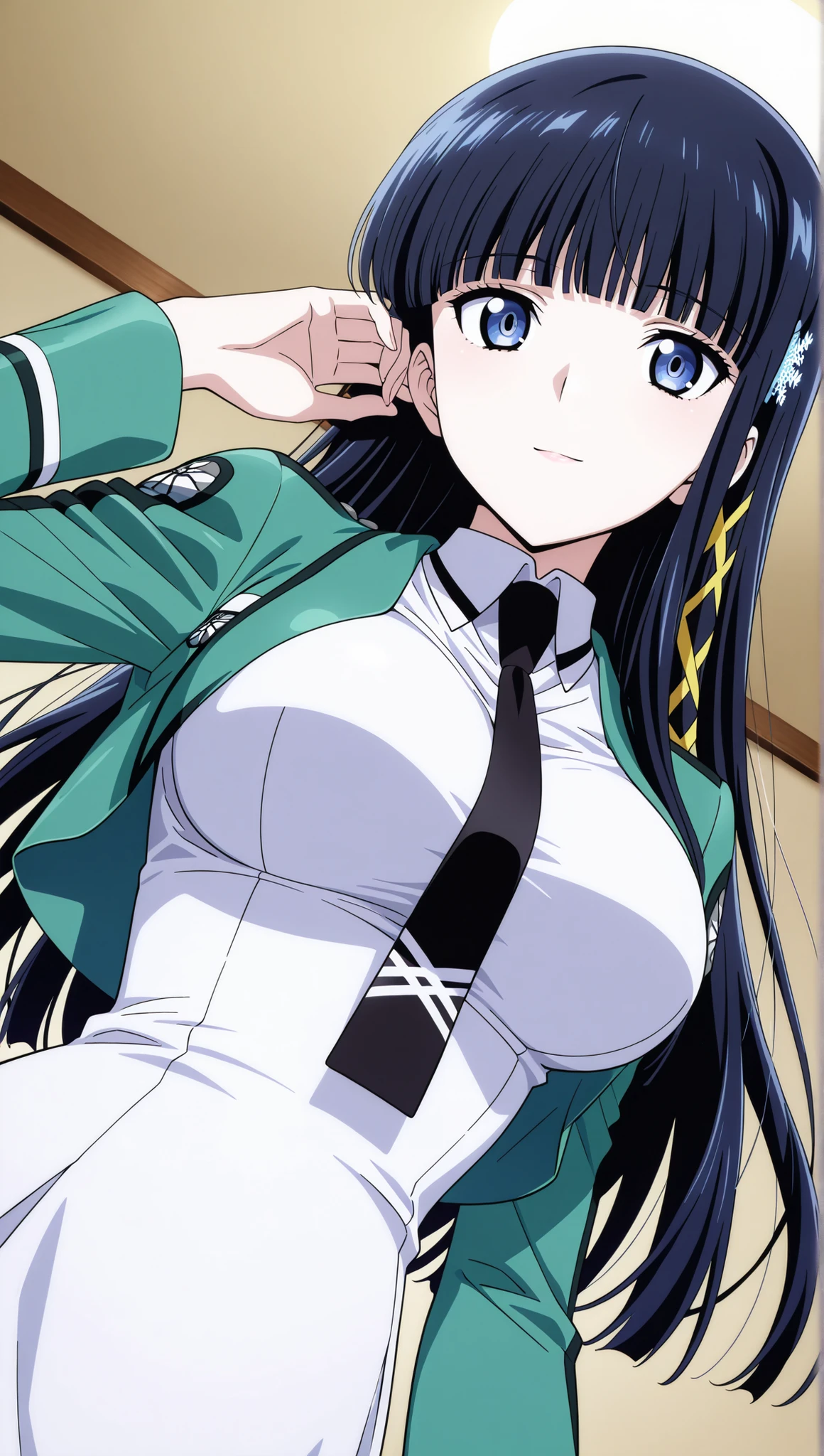 [[miyuki250219]],1lady, beauty, glossy lips,Rouge,detail eyes,dynamic angle,

shiba miyuki, black hair,long hair, blunt bangs, eyebrows visible through hair, blue eyes, snowflake hair ornament, yellow x hair ornament,mahouka school uniform, cropped jacket, green jacket, long sleeves, (white dress, mini dress), mermaid dress, black necktie,(large breasts:1.2),light smile,

upper body,

 score_9,score_8_up ,score_7_up ,score_6_up ,score_5_up ,score_4_up ,(source_anime), clip skip:2,(masterpiece:1.3),(extremely detailed CG,masterpiece, highres icon,absurdres,4K),
