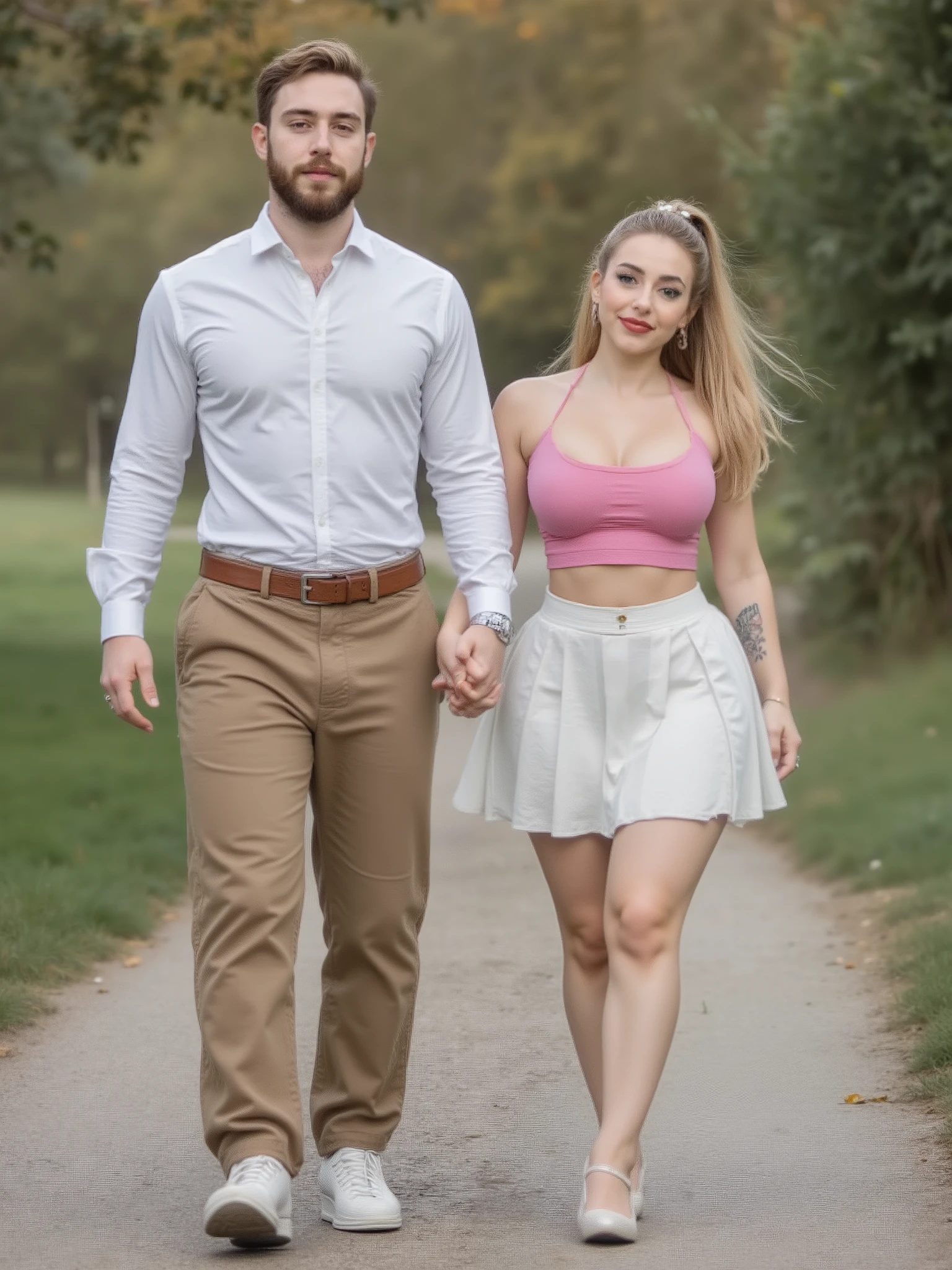Portrait picture, Couple, Young man, tall, handsome, beard, white complexion, wears a white shirt and brown trousers. 1Blonde girl, Short stature , cute, lovely gorgeous babe of 22 y.o. curvy slim, slim, busty, cute and sweet but with teasy features, ((has 22 y.o.)), cute face, ((big breasts)), (thick legs), (big ass:1.5), (((hot and suggestive)), very detailed face, (hot sexy essence with very voluptuous body but slim and fit)), ( (curveous sexy body) (earrings), very long Hair, Blonde Hair, Puffy ponytail, ((wears pink bgym top, white skirt, pleated skirt), volume straight blonde hair, posing for a picture, flipped out hair, feathered hair, intriguing volume flutter, redahair and attractive features, long straight blonde hair, long fluffy blond hair, large highlights, hairstyle, a girl with blonde hair, long hairstyle, blonde and attractive features, a gorgeous blonde, smile. Background luxuring outdoors, (walking hand in hand), Coquette, happy, front view, ponytail, hair ribbon.