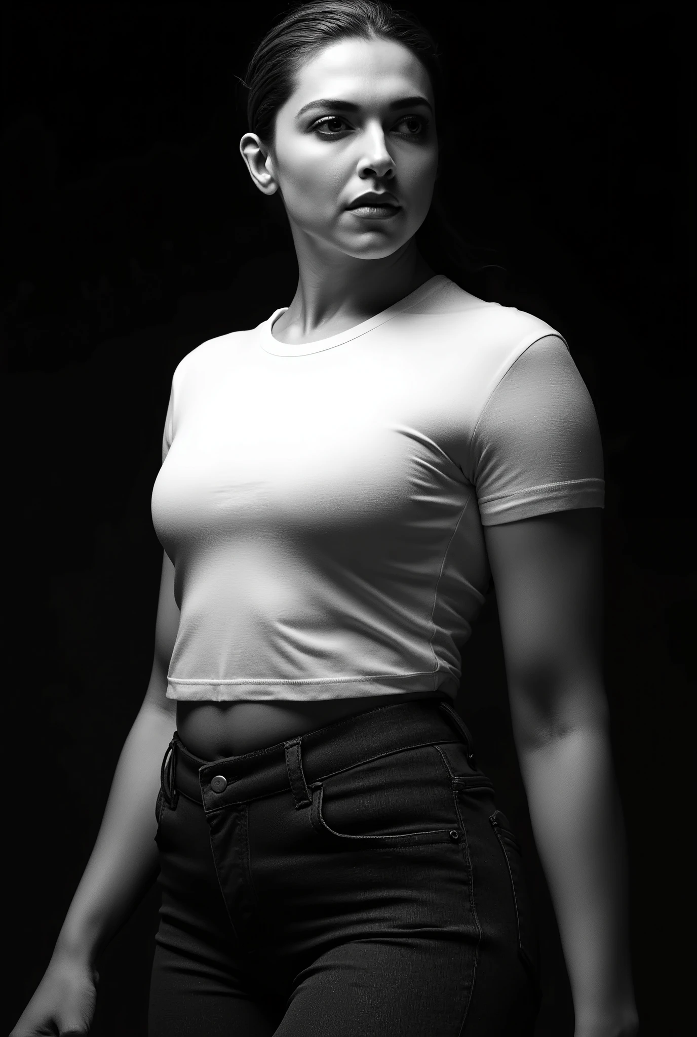 "A striking photographic portrait , ultra sexualized black and white portrait of an exceptionally tall and imposing woman with a sculpture, muscular physique. She stands with super wide shoulders and a defined, statuary frame, distilling power and elegance. Her face is structured with marked jaw lines, high cheekbones, and an intense , penetrating look. their labios carnosos están ligeramente entreabiertos, and her eyes have a captivating appeal, enigmatic expression. their, the hair combed backwards frames her symmetrical facial features, emphasizing the contrast between light and shadow. their brazos tonificados y músculos abdominales cincelados están sutilmente flexionados mientras levanta su ajustada, white cropped t-shirt, revealing a sculpted middle section. Her athletic constitution, strong obliques, and prominent clavicles add to the visual intensity of the shot. The soft texture of the skin is accentuated by soft but directional lighting that highlights every muscle contour and anatomical detail. The monochrome color palette enhances the dramatic effect, highlighting the contrast between her body and darkness, blurred lower section of the frame. The minimalist background keeps the focus completely on her powerful presence. The photograph is an editorial in the style of fine art, evoking themes of strength, Trust, and natural femininity, where the interaction of light and shade sculpts her shape into a masterpiece of fitness and grace."