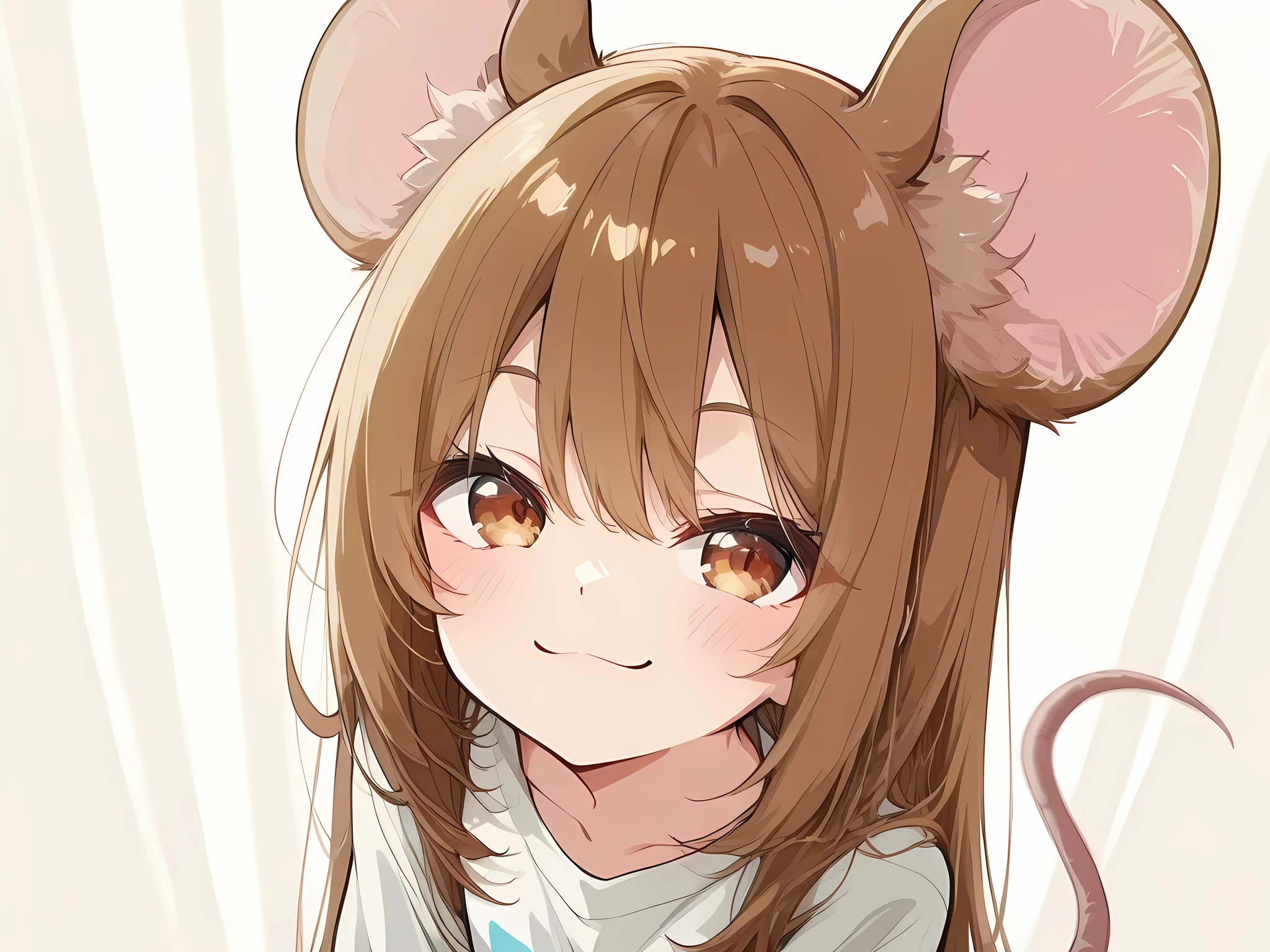 Half-body shot、ultra high definition anime style、アクリル絵の具によるsuper quality油絵の表現、Hair shakes violently in response to the wind、Cool and bright colors、speedline at night、Heroic atmosphere、Focus on Her Eyes、Negative Space Composition、masterpiece、super quality、Detailed characters、little cute young Anime girl with long straight, Soft grow brown hair color, grow brown eyes color with white sparking, Wearing long oversized white paint shirt, mouse ears and mouse tail calm face, a bit smile face, half-body scale picture, sun rise tone picture