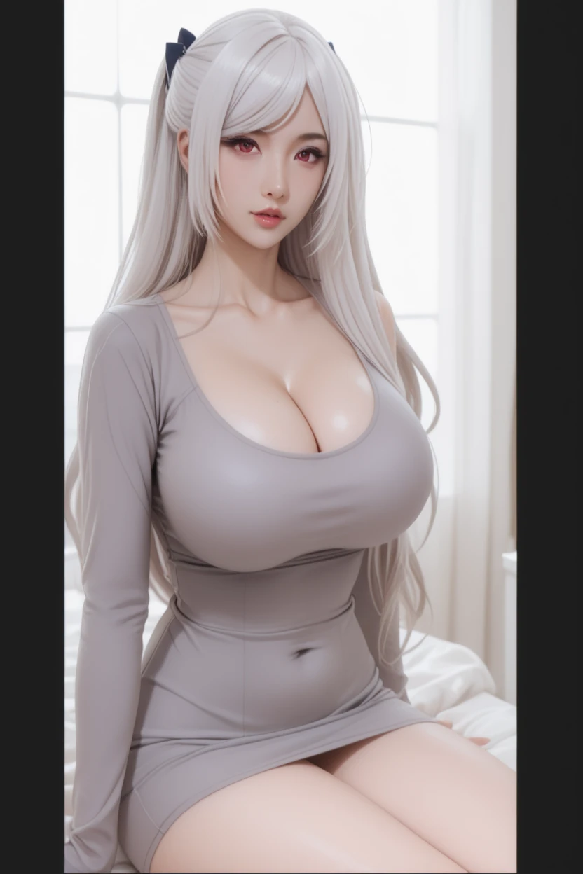 8K picture quality、The ultra -The high-definition、ultra-detailliert、masutepiece、portlate、Beautiful long hair、some white hair、shinny skin、Sweater with open chest、super giant breast、The  is very plump、Tight skirt、Super big ass、T back、Korean Beauty、Very long lashes、lofty nose、luslous skin、A smile、Beautiful white teeth、The background is a room with lots of pink miscellaneous goods............................