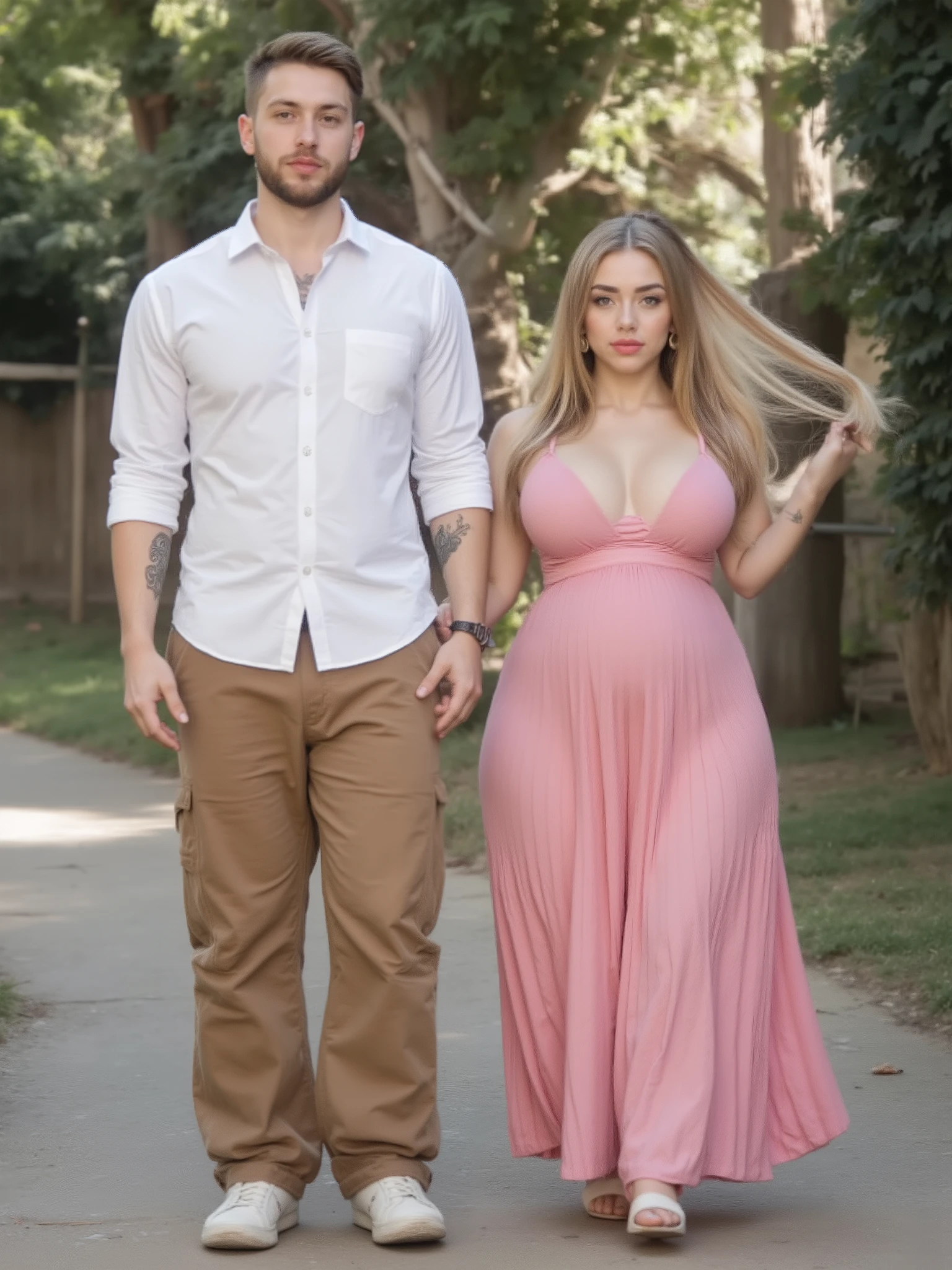 Portrait picture, Couple, Young man, tall, handsome, beard, white complexion, wears a white shirt and brown trousers. 1Blonde girl, Short stature , cute, lovely gorgeous babe of 22 y.o. curvy slim, slim, busty, cute and sweet but with teasy features, ((has 22 y.o.)), cute face, ((big breasts)), (thick legs), (big ass:1.5), (((hot and suggestive)), very detailed face, (hot sexy essence with very voluptuous body but slim and fit)), ( (curveous sexy body) (earrings), very long Hair, Blonde Hair, Puffy ponytail, ((wears sun dress, pink dress, pleated dress), volume straight blonde hair, posing for a picture, flipped out hair, feathered hair, intriguing volume flutter, redahair and attractive features, long straight blonde hair, long fluffy blond hair, large highlights, hairstyle, a girl with blonde hair, long hairstyle, blonde and attractive features, a gorgeous blonde, smile. Background luxuring outdoors, (walking hand in hand), Coquette, happy,Playing with her hair , front view, ponytail, hair ribbon. Pregnant