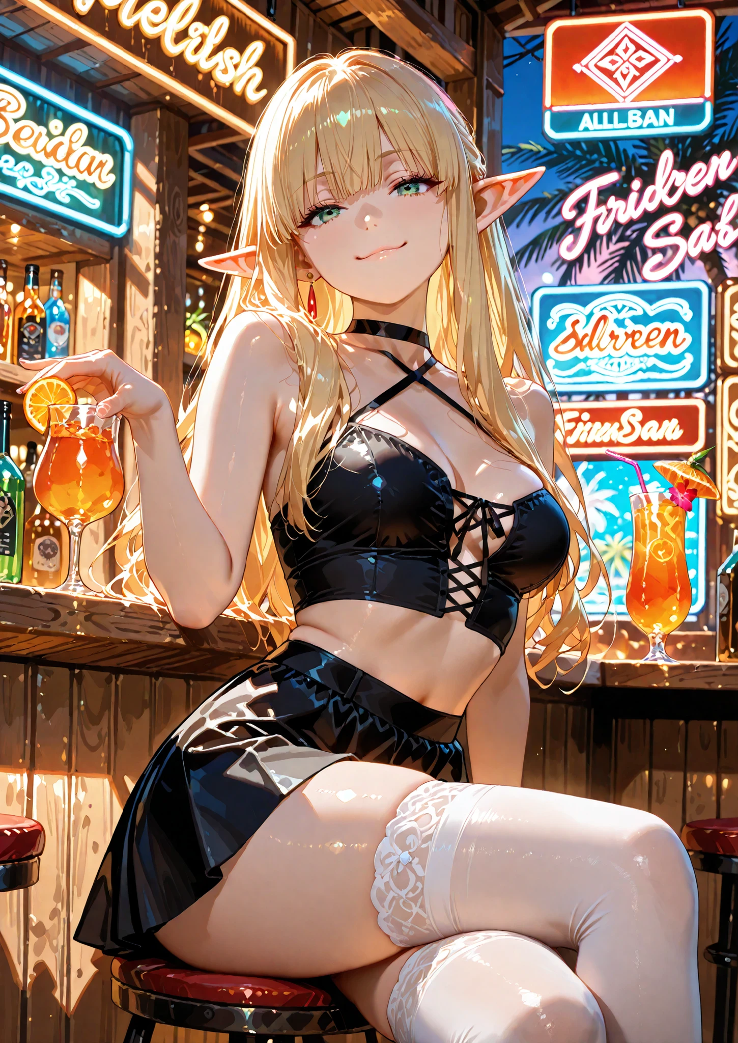 1girl, solo, serie, sousou no frieren, elf, blonde, bangs, smug, black laced crop top , black plated skirt, white thigh highs, naturally sagging medium breasts, sitting in a tiki bar, tropical drink, colorful beach bar, neon bar signs, tropical resort, seductive, sexy erotic pose, alluring atmosphere, beautiful lighting and shadows,BREAK, masterpiece,top quality,warm color,high resolution,high fashion,absurdres extremely,vivid colors,intricate details,best quality,amazing quality,very aesthetic,newest,ultra-detailed,nsfw,