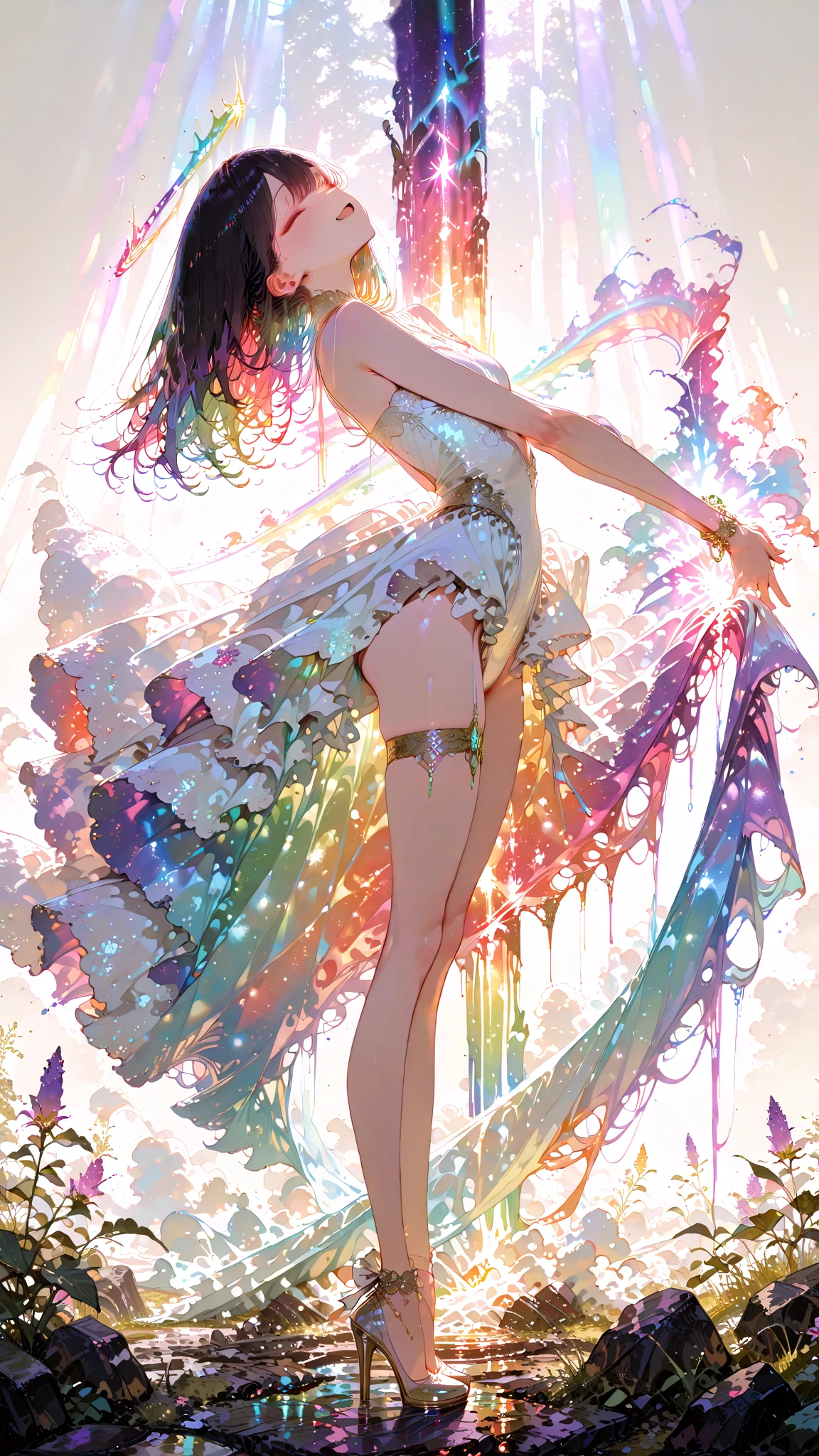 top-quality、Masterpiece、Wearing transparent gauze、Colorful、colourfull、Exposed shoulders and buttocks、Glossy skin、Supreme Art、Official Art