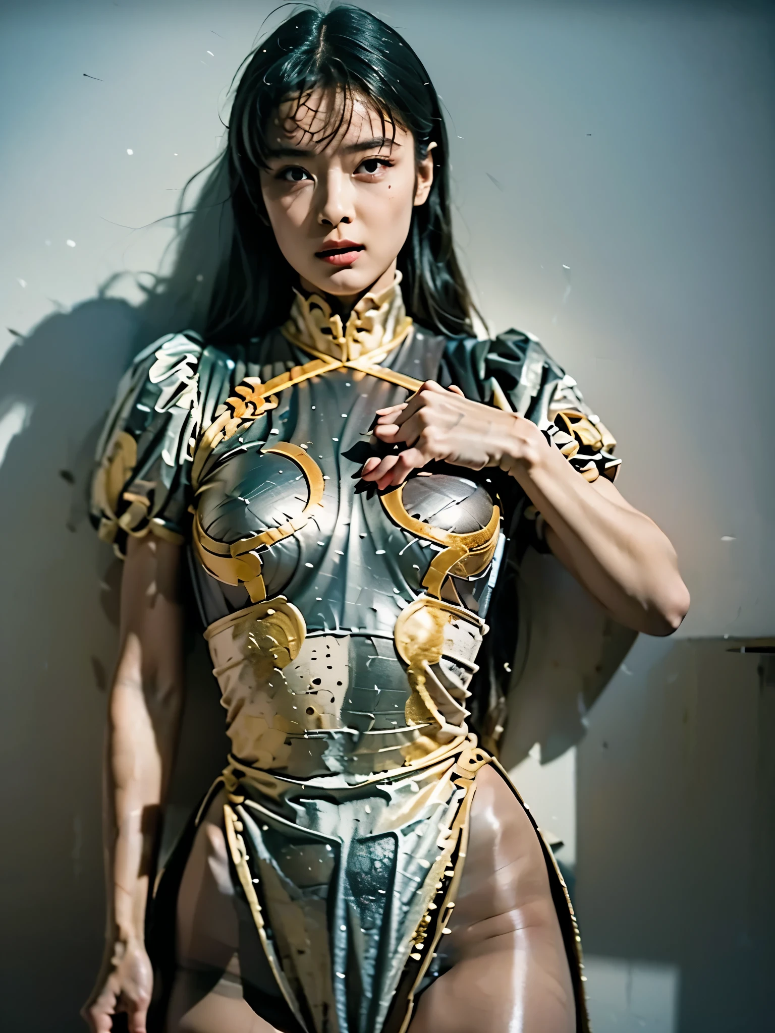 Decisive Pose, Chunli, Draw the exact details of the face, silver costume, Fight against strong enemies, Leo Chira , dynamic, ハイパーRealistic, photo real, high image quality, masterpiece, front camera angle, is looking at me, pelvic curtainが風で捲れて下から銀色のレオタードが見えている, Realistic, 8k, two white buns(covered with white clothes), plain background, Please accurately draw the details of a cool and sexy