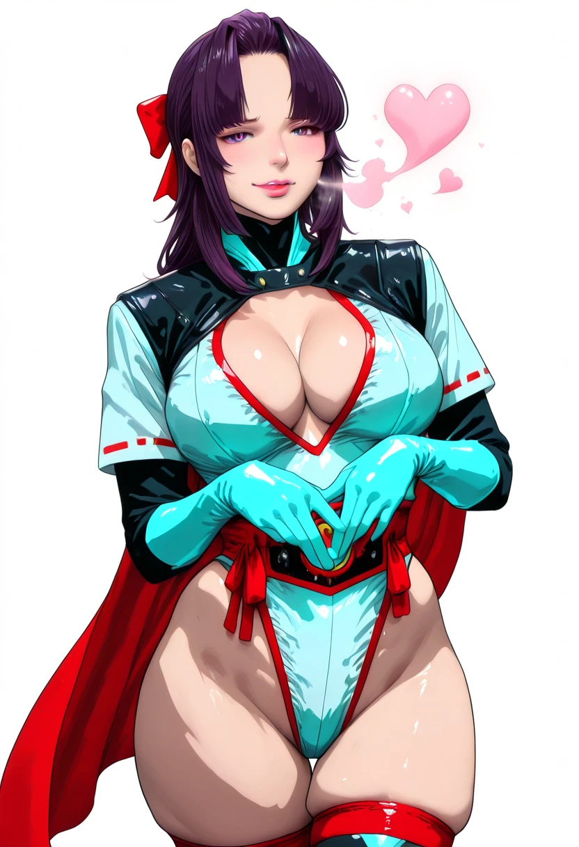 Hgk, (yoshio_(55level)-style:1.2), (imizu_(nitro_unknown)-style:1.5), (packge-style:1.2), (cirenk-style:1.4), vignetting, ((anatomical correct)), ((Cinematic, unreal engine, eye-catching, ambient occlusion, UHD, masterpiece)), ((perfect lighting)), perfect body, perfect eyes, perfect fingers, gasping, heavy breathing, gasping profusely, ((skindentation)), ((curvy)), SHIKOKU_(MATO_SEIHEI_NO_SLAVE), purple hair, purple eyes, slit pupils, long hair, hair bow, red bow, parted bangs, ribbon trim, half updo hair, bangs_pinned_back, straight hair, ((medium breasts)), plump, (voluptuous:1.5), (mature female:1.5), lips, 1girl, breasts, solo, cape, gloves, cleavage, heart, clothing_cutout, cleavage_cutout, blue_gloves, red_cape, belt, smug, looking_at_viewer, leotard, white_background, superhero, simple_background, highleg, white_leotard, thighs, highleg_leotard, closed_mouth, lips,