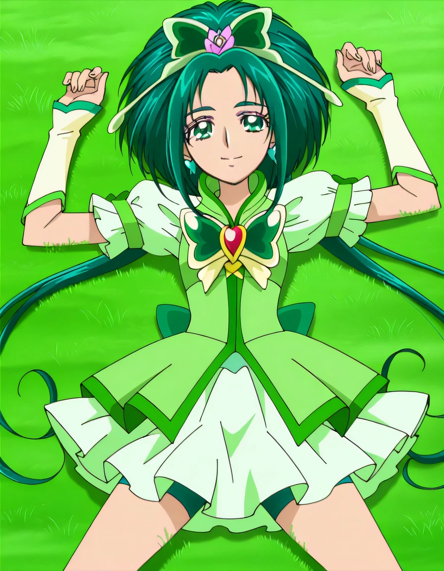 Cure Mint, green_eyes, green hair, short_hair, low twintails, hair_ornaments, earrings, green precure costumes, small_breasts, anime screencap, high quality, solo, lying, on back, arms up, (legs apart), closed mouth, grass, cowboy shot, looking at viewer, overhead view, smile, best quality,
