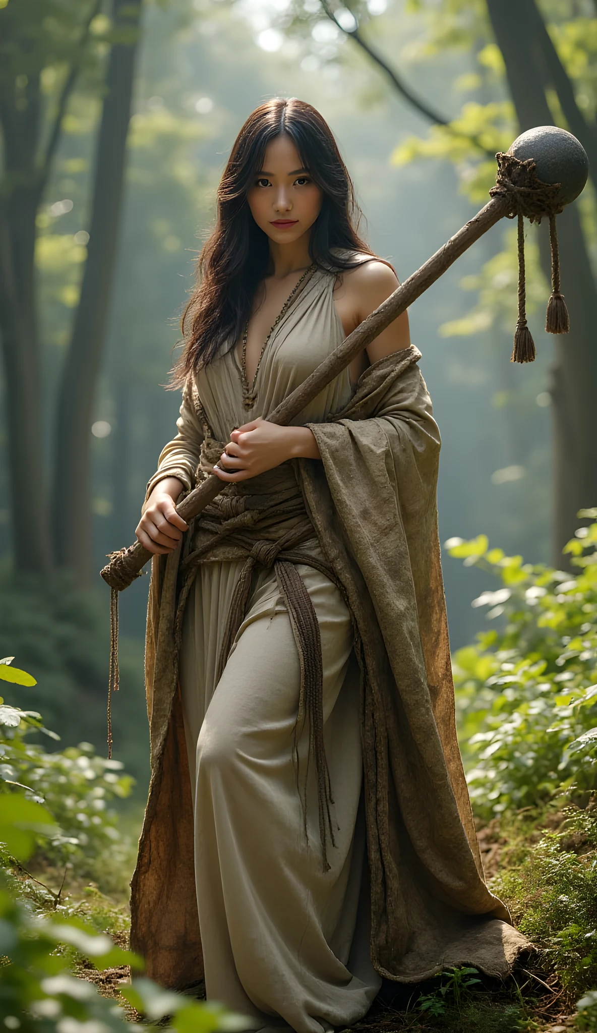 Stone age era, (prehistoric age era:1.6), ((Realistic cinematography ultra wide angle depth intense details of realistically stunning forest landscape scenery)),focusing on a happy goth female walk gracefully pose,,holding and gripping a big Stone club weapon,figure,(every features are depicted clearly),(realistically and intricately depicting scenery),((prehistoric age)),,(primitive long size fur fabric cloak tunic dressing|fully wool woven kimono dress enveloping her whole body),long skirt,(perfectly depth symmetrically precisely busty full body shaped),(cinematic dynamically camera widely angle scenery:accurately depicted:1.3),the lively prehistoric cradle of historcal depicting scenery,afternoon,realistically full depth,summer season,(cinematography dynamic angle|hyperrealistic:realistic scenery:3d texture over the scenery),best videography angle,hdr,masterpiece,4K,(cinematography vibe),primordial folk fabric wardrobe,(dynamic image composition),(octane 3d rendering|50mm lens shot:1.3),(precise lifelike skin texture:lifelike hairs:realism),(best rule of third photography composition),(best image aperture),(full details depth of field),(best shutter speed),(RAW photo image),(photorealistic|photorealism:hyperrealism style),(realistic depth 3d:cgi:1.3),(trending on cgsociety:devianart:unreal engine 5),,(best photography:national Geographic style), bronzePunkAi and sandalPunkAi artwork, digital art,best lighting concept,(realistic intricately fixed truly fully human's anatomy body+hands+and+fingers anatomical),natural motion,inspired by farcry5 game artwork, SFW,