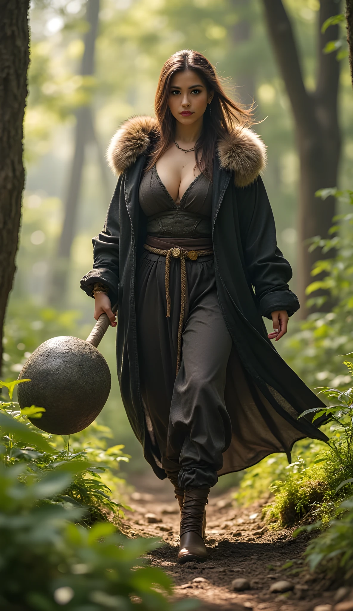 Stone age era, (prehistoric age era:1.6), ((Realistic cinematography ultra wide angle depth intense details of realistically stunning forest landscape scenery)),focusing on a happy goth female walk gracefully pose,,holding and gripping a realistic big Stone club mace weapon,,(every features are depicted clearly),(realistically and intricately depicting scenery),((prehistoric age)),,(primitive long size fur fabric cloak tunic dressing|fully wool woven kimono dress enveloping her whole body),long skirt,(perfectly depth symmetrically precisely busty full body shaped),(cinematic dynamically camera widely angle scenery:accurately depicted:1.3),the lively prehistoric cradle of historcal depicting scenery,afternoon,realistically full depth,summer season,(cinematography dynamic angle|hyperrealistic:realistic scenery:3d texture over the scenery),best videography angle,hdr,masterpiece,4K,(cinematography vibe),primordial folk fabric wardrobe,(dynamic image composition),(octane 3d rendering|50mm lens shot:1.3),(precise lifelike skin texture:lifelike hairs:realism),(best rule of third photography composition),(best image aperture),(full details depth of field),(best shutter speed),(RAW photo image),(photorealistic|photorealism:hyperrealism style),(realistic depth 3d:cgi:1.3),(trending on cgsociety:devianart:unreal engine 5),,(best photography:national Geographic style), bronzePunkAi and sandalPunkAi artwork, digital art,best lighting concept,(realistic intricately fixed truly fully human's anatomy body+hands+and+fingers anatomical),natural motion,inspired by farcry5 game artwork, SFW,