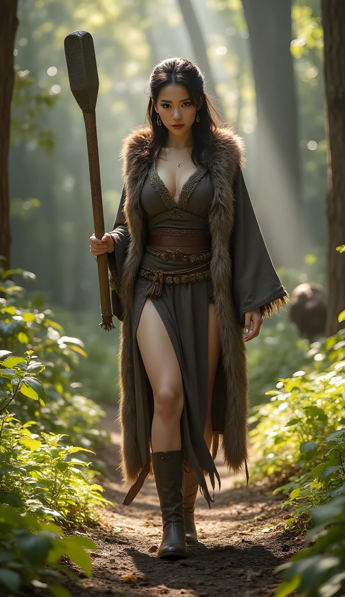 Stone age era, (prehistoric age era:1.6), ((Realistic cinematography ultra wide angle depth intense details of realistically stunning forest landscape scenery)),focusing on a happy goth female walk gracefully pose,,holding and gripping a realistic big Stone club mace weapon,,(every features are depicted clearly),(realistically and intricately depicting scenery),((prehistoric age)),,(primitive long size fur fabric cloak tunic dressing|fully wool woven kimono dress enveloping her whole body),long skirt,(perfectly depth symmetrically precisely busty full body shaped),(cinematic dynamically camera widely angle scenery:accurately depicted:1.3),the lively prehistoric cradle of historcal depicting scenery,afternoon,realistically full depth,summer season,(cinematography dynamic angle|hyperrealistic:realistic scenery:3d texture over the scenery),best videography angle,hdr,masterpiece,4K,(cinematography vibe),primordial folk fabric wardrobe,(dynamic image composition),(octane 3d rendering|50mm lens shot:1.3),(precise lifelike skin texture:lifelike hairs:realism),(best rule of third photography composition),(best image aperture),(full details depth of field),(best shutter speed),(RAW photo image),(photorealistic|photorealism:hyperrealism style),(realistic depth 3d:cgi:1.3),(trending on cgsociety:devianart:unreal engine 5),,(best photography:national Geographic style), bronzePunkAi and sandalPunkAi artwork, digital art,best lighting concept,(realistic intricately fixed truly fully human's anatomy body+hands+and+fingers anatomical),natural motion,inspired by farcry5 game artwork, SFW,