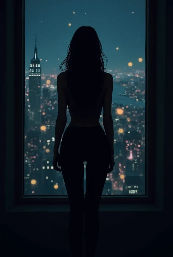 A woman in lingerie is leaning against a window at night, city lights behind her. Her silhouette is highlighted by the soft lighting of the room, body partially reflected in the glass. Illustrated with a soft  realism, Subtle details, humorous composition. ultra detailed, cinematic intimacy.