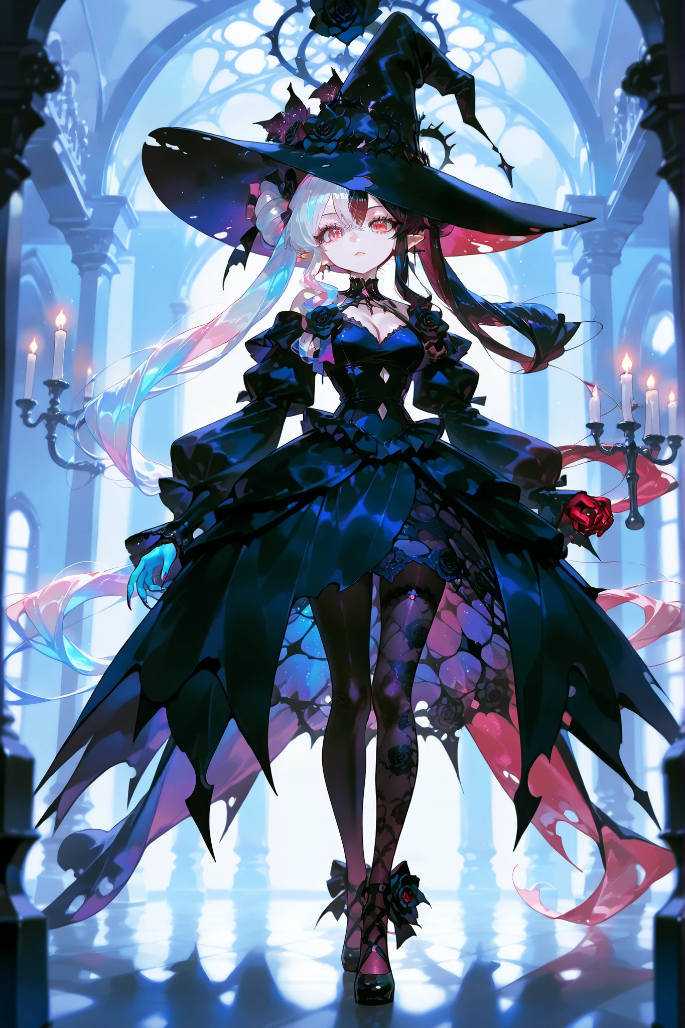 (SPLIT-COLOR HAIR,MULTICOLORED HAIR, TWO-TONE HAIR,) The vampire witch lady. She has pale skin covered with glitter and pointy ears. She has crimson eyes, pink fuchsia lips and red-pink eyelashes. She has long turquoise curly hair , the ends of her loose hairstyle dye in gradient of blue and pink colors. She is wearing a black-blue and purple Gothic witch dress with star embroidery and a turquoise -black lace bolero. On her head is a massive dark turquoise witch's pointed hat with a wide brim, decorated with ruffles, black roses and a skull in a crown. She is wearing mesh tights and black Rococo shoes with turquoise ruffles. She has a lot of silver rings with multicolored stones and long manicured blue claws. (IN the background: The gloomy Gothic palace, decorated with a coffin in which a black rose blooms and a candelabra with purple candles hangs from the ceiling.)