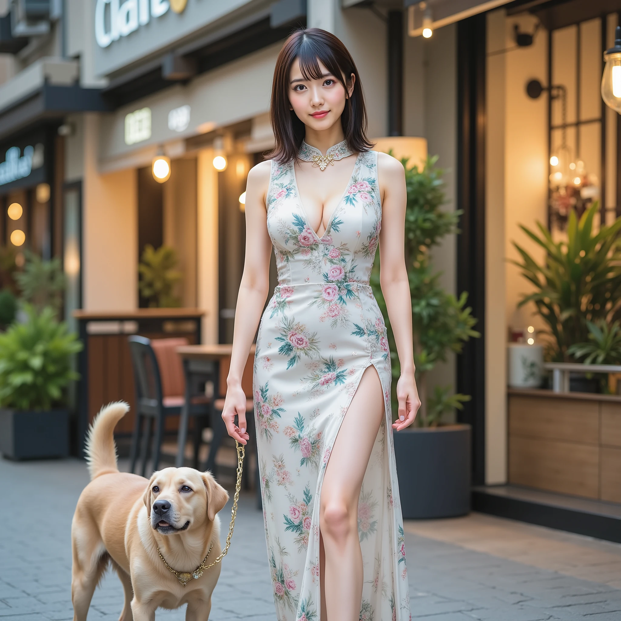 ,((A very beautiful top Japanese idol woman is walking with her Labrador retriever:1.5)), Walking Pose, sexy scene, (Floral pattern on a deep V-neck Chinese dress:1.3), Clothes that accentuate rich F cup breasts, clear outline, There is a deep slit at the base of the thigh, Showing off her long legs, BREAK, attractive Slim slender hour glass body, mature beautiful woman, professional lighting, Vivid Color, realistic texture, Ultra Clear Focus, panorama, ((Full body photo:1.10)), Haruka, BREAK, (surrealist), ultra high res, greatest masterpiece, full body shot from below, original pictures, BREAK, super detailed face, very large eyes with double eyelids, Slim, slender body with F cup breasts, detailed skin texture, watch viewers, BREAK, Ultra Clear Focus, Movie Lighting, Background taken during the daytime in front of a stylish cafe,